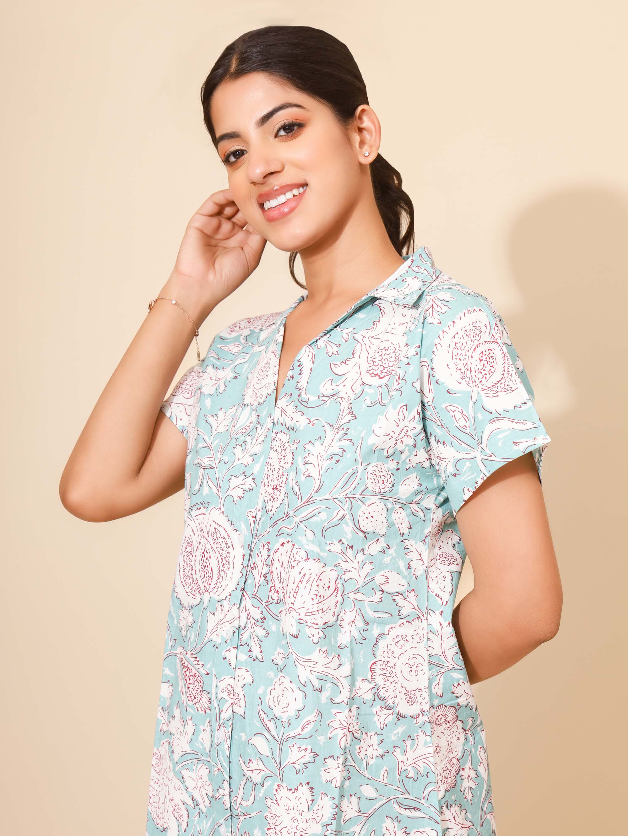Yellow Bloom Aqua Blossom Nighty for Women | Short Dress | Light Aqua Green & White Print | Comfortable and Daily Wear | Nuclear families/Hostels/PGs | Knee Length | Stylish Dress | Pure Cotton
