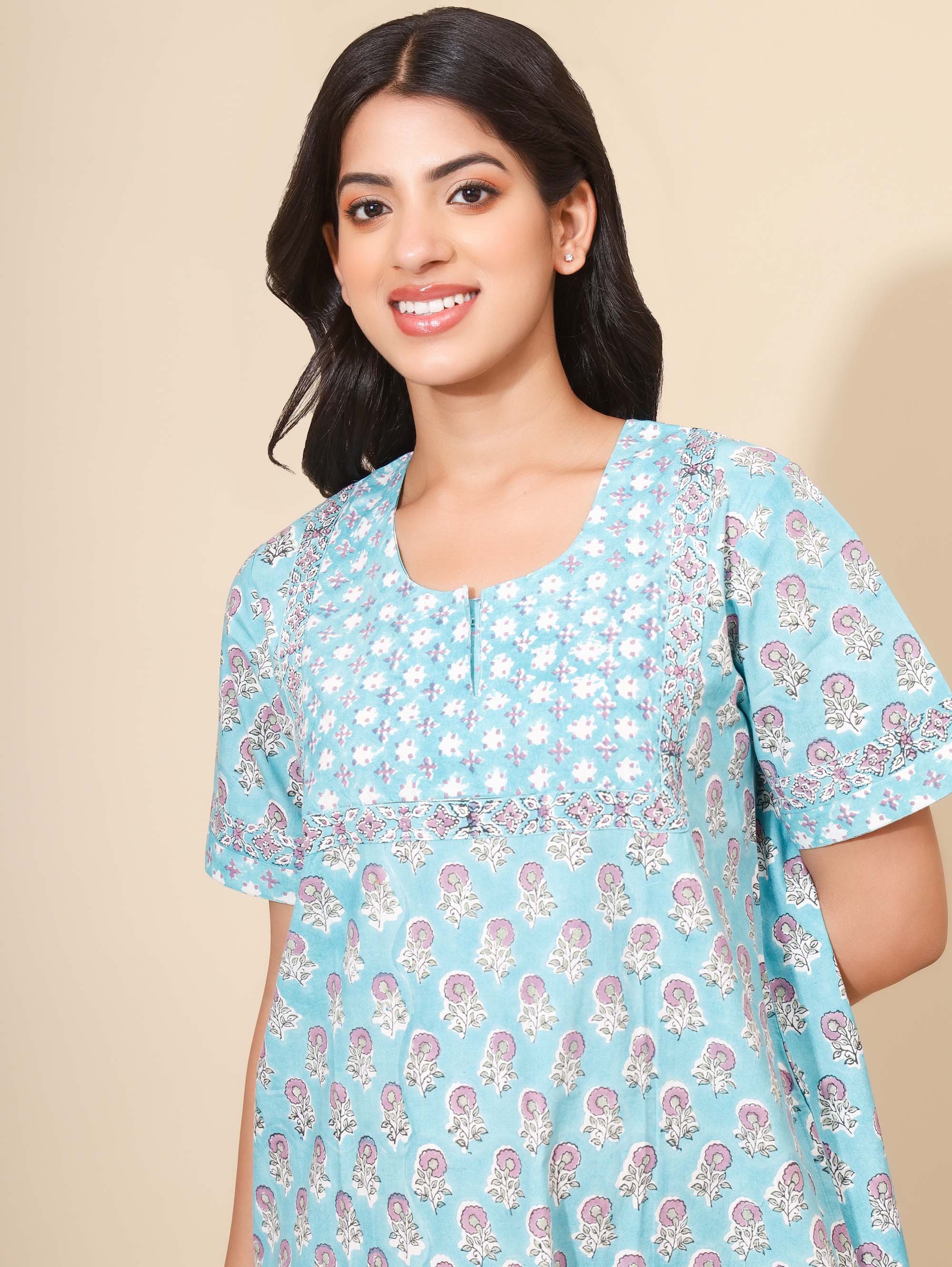 Yellow Bloom Celestial Bloom Nighties for Women | Maxi Dress | Blue & Mauve | Hand Block Print | Home Wear| Travel Wear | Ankle Length | Stylish Wear | Lounge Nighty | Pure Cotton