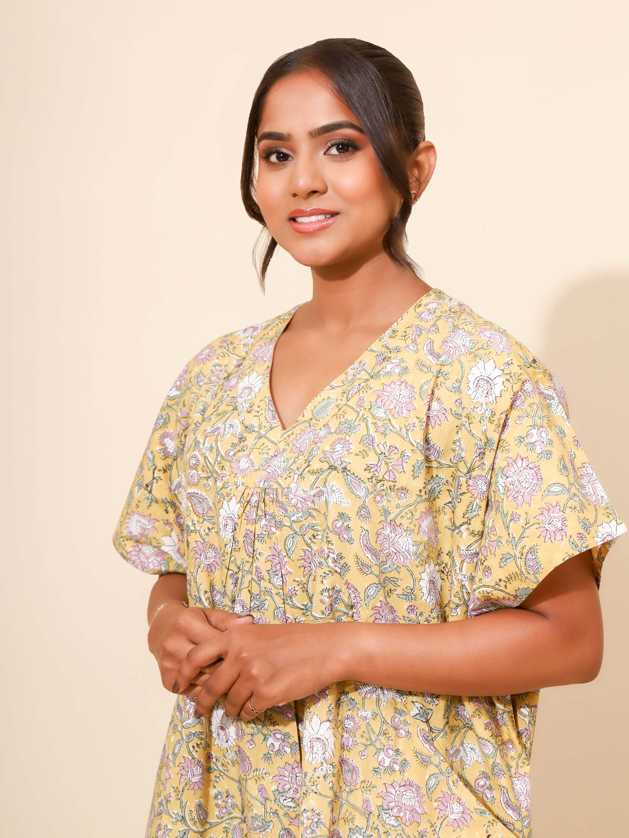 Yellow Bloom Golden Orchid Kaftan Nighties for Women | Midi Dress | Yellow and Grey Abstrach Print | Front Pocket | Comfortable Daily Wear | Knee Length | Stylish Design | Lounge Nighty | Pure Cotton