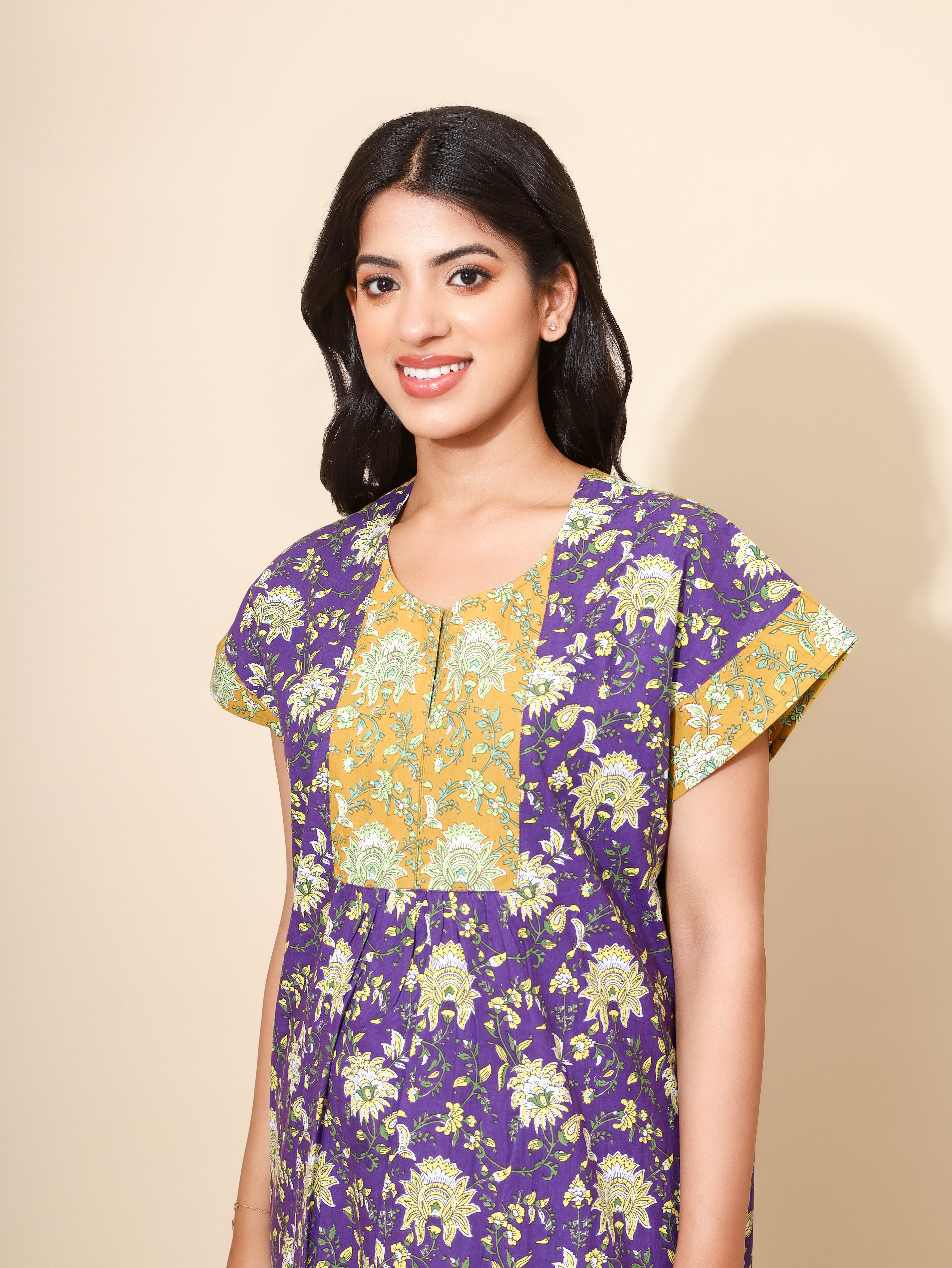 Yellow Bloom Lavender Meadow Nighties for Women | Purple and Pink | Maxi dress | Flower Print with Patchwork | All-day Wear | Stylish Home Nighty | Ankle Length | Aesthetic Appeal | Pure Cotton