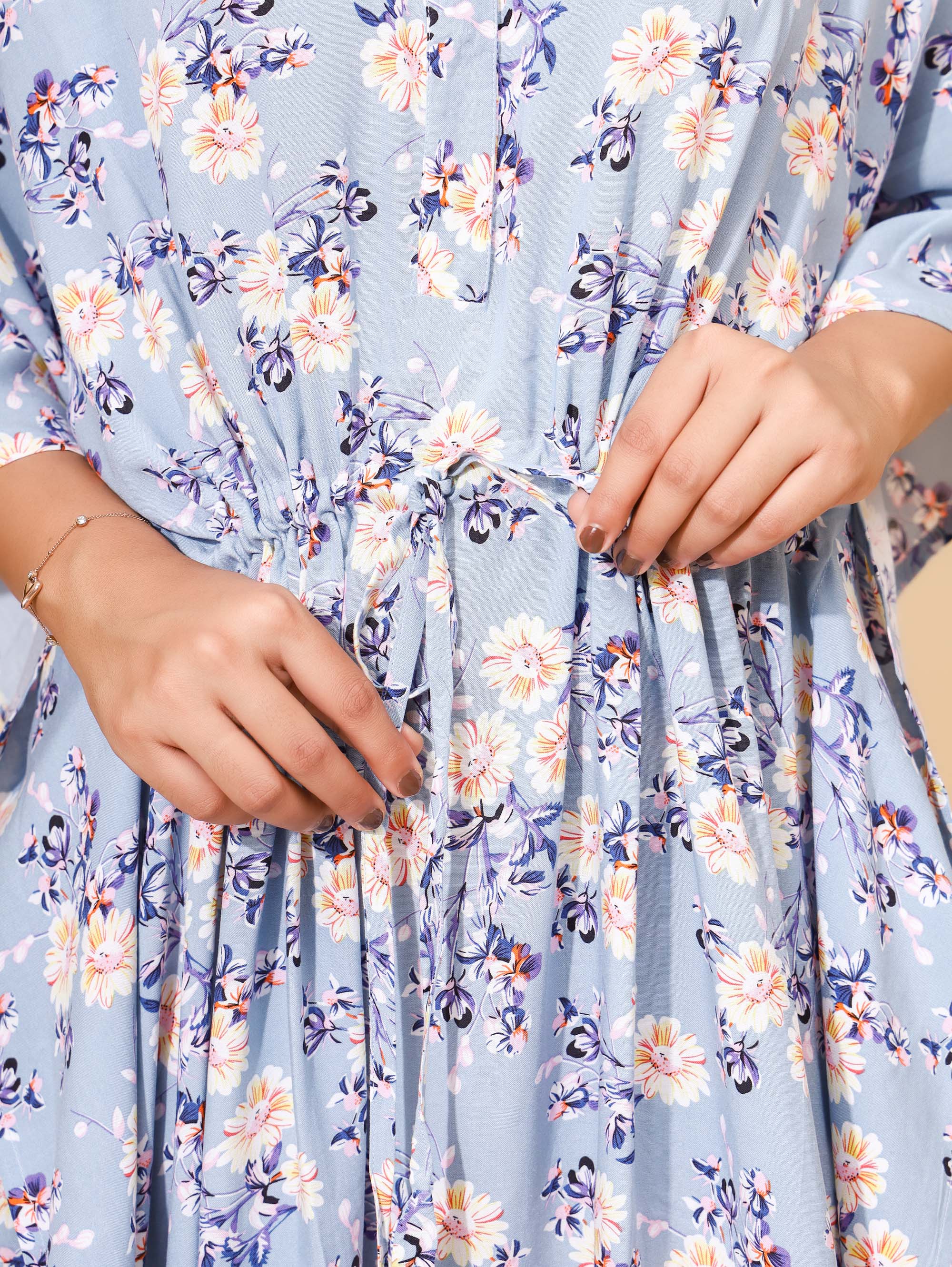 Yellow Bloom Sapphire Garden Kaftan Nighties for Women | Maxi Dress | Pink and White | Abstract Print | All-day Wear | Leisure & Travel Wear | Ankle Length | Versatile | Lounge Dress | Viscose | Rayon