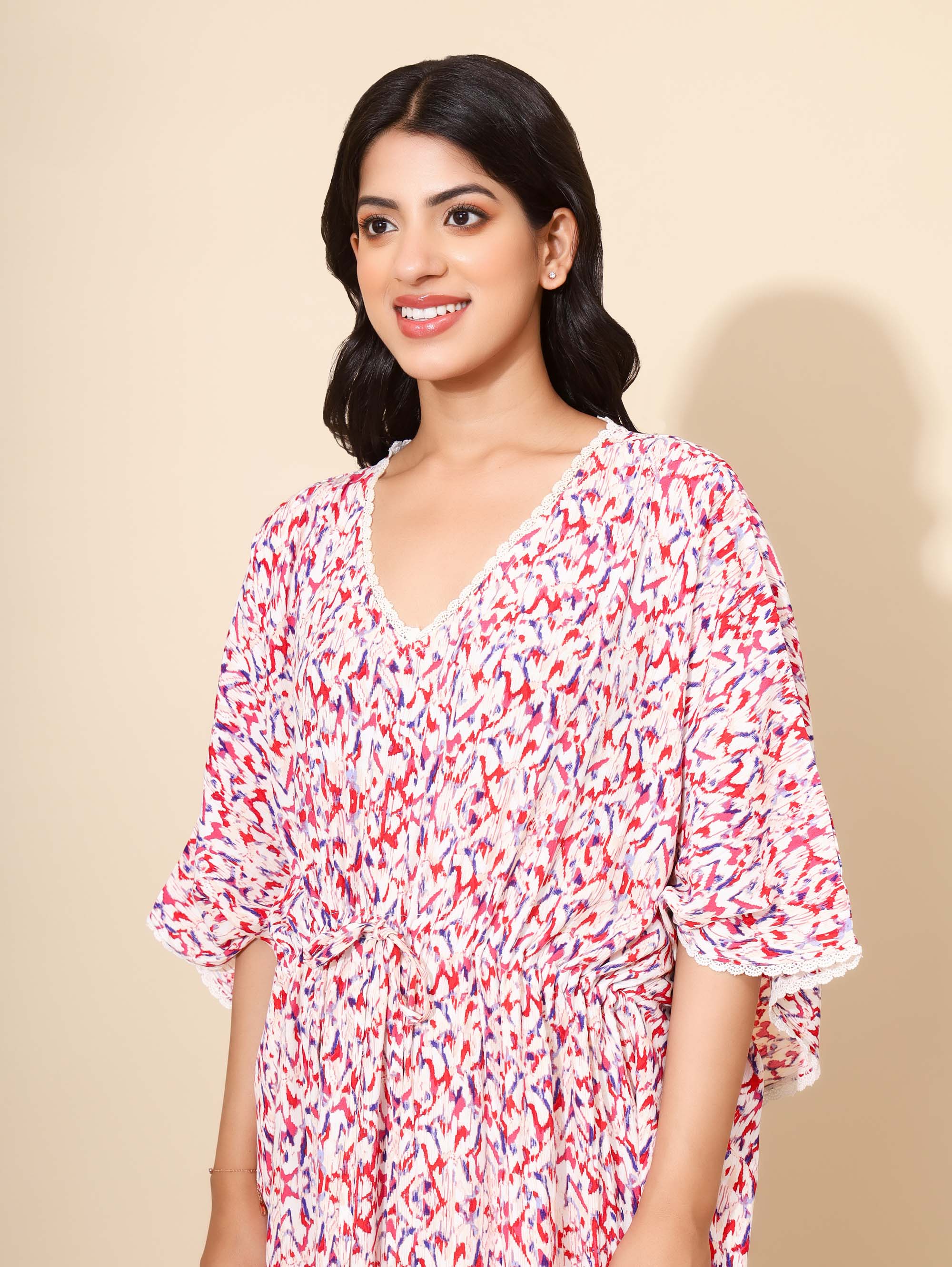 Yellow Bloom Royal Rose Kaftan Nighties for Women | Maxi Dress | Pink and White | Abstract Print with Lace | Daily Wear | Ankle Length | Work from Home Wear | Lounge Nighty | Beach Cover-up | Viscose