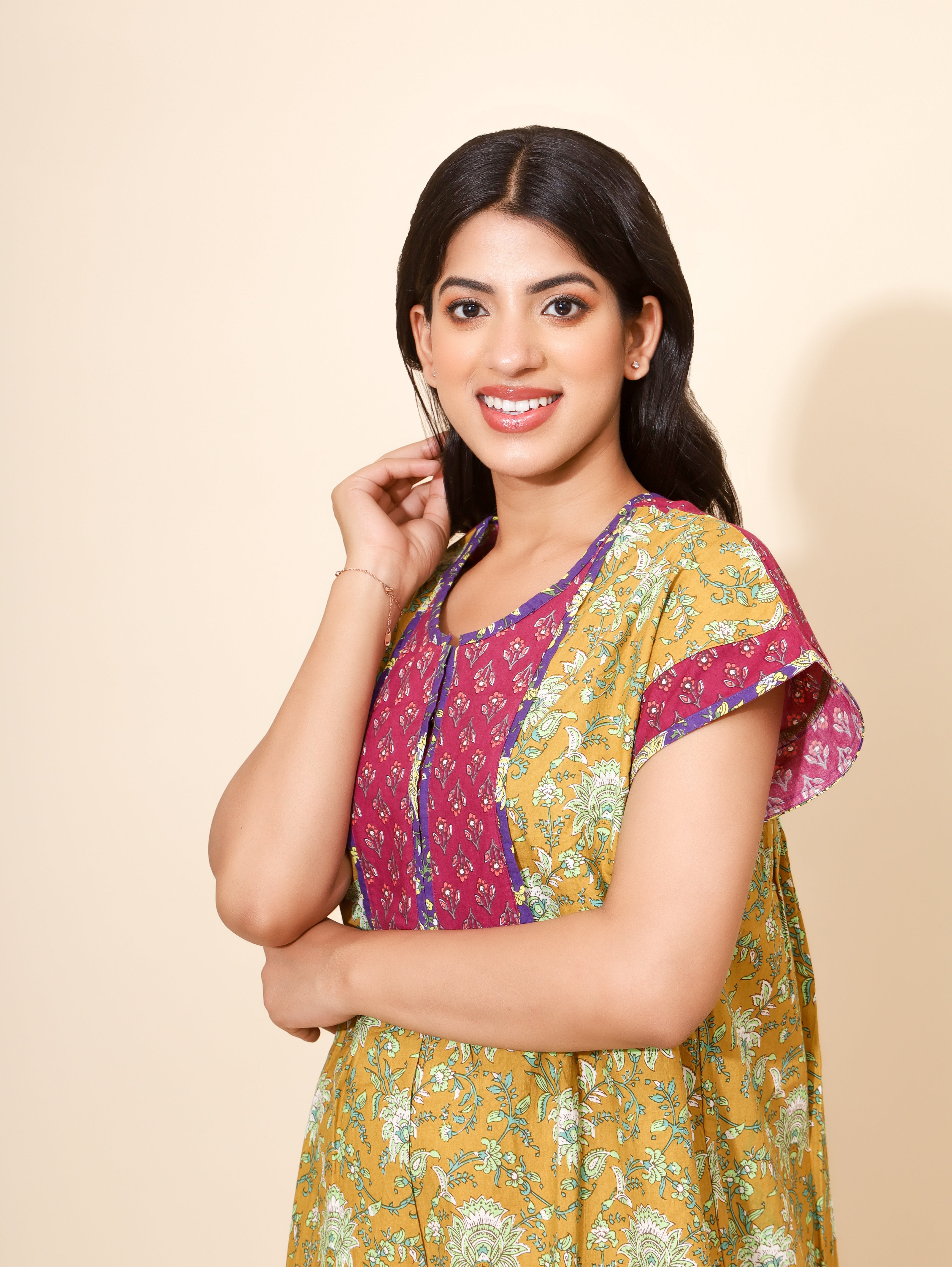 Yellow Bloom Sunlit Olive Fusion Bliss for Women | Green & Maroon | Maxi Dress | All-day Dress | Work from Home Wear | Stylish Home Nighty | Ankle Length | Aesthetic Appeal | Pure Cotton