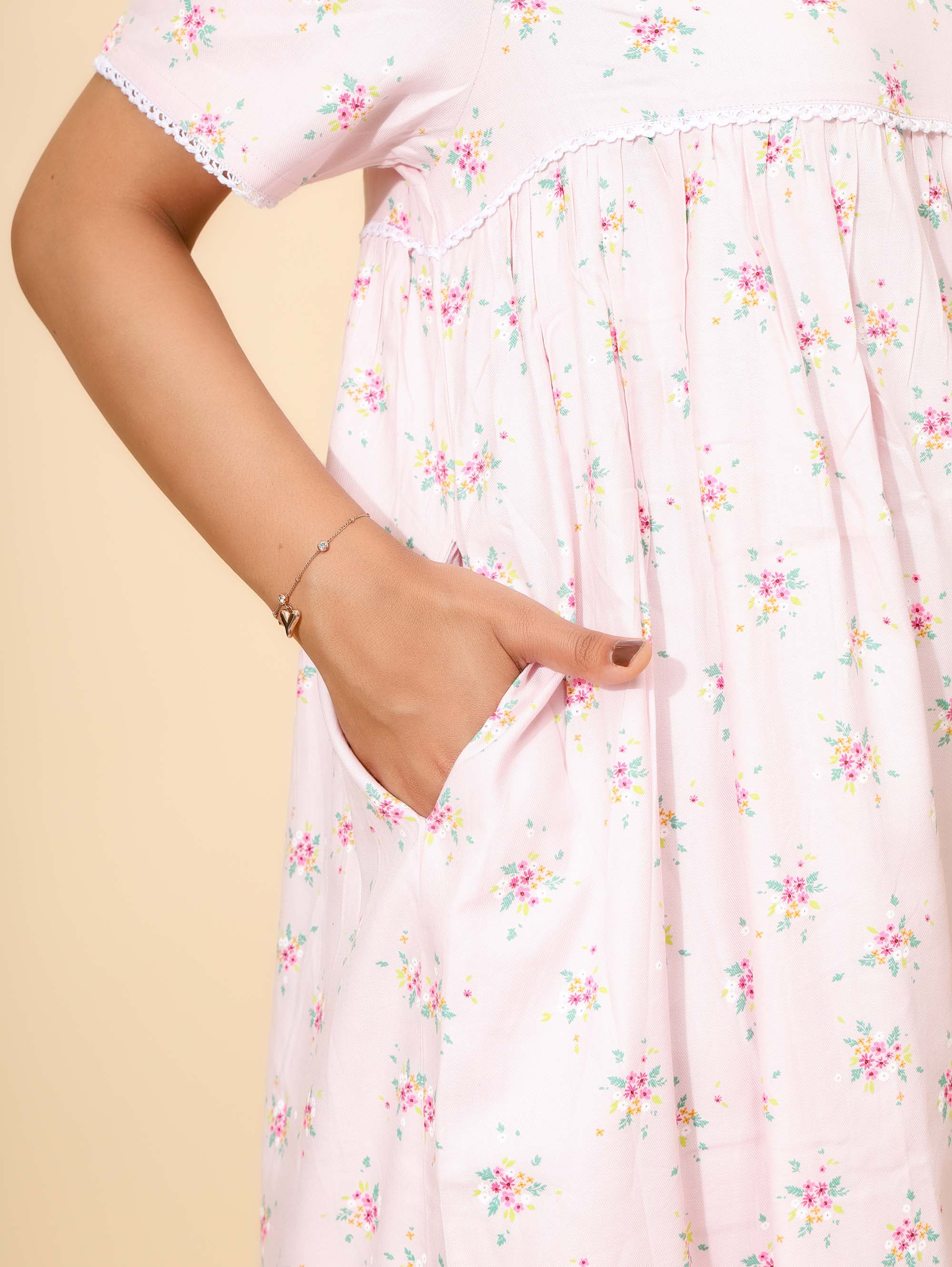 Yellow Bloom Petals in Pink Nighties for Women | Maxi Dress | Pink with Floral Print | All-day Home Wear | Families Wear | Ankle Length | Night Gown | Lounge Wear | Round Neck | Rayon | Viscose
