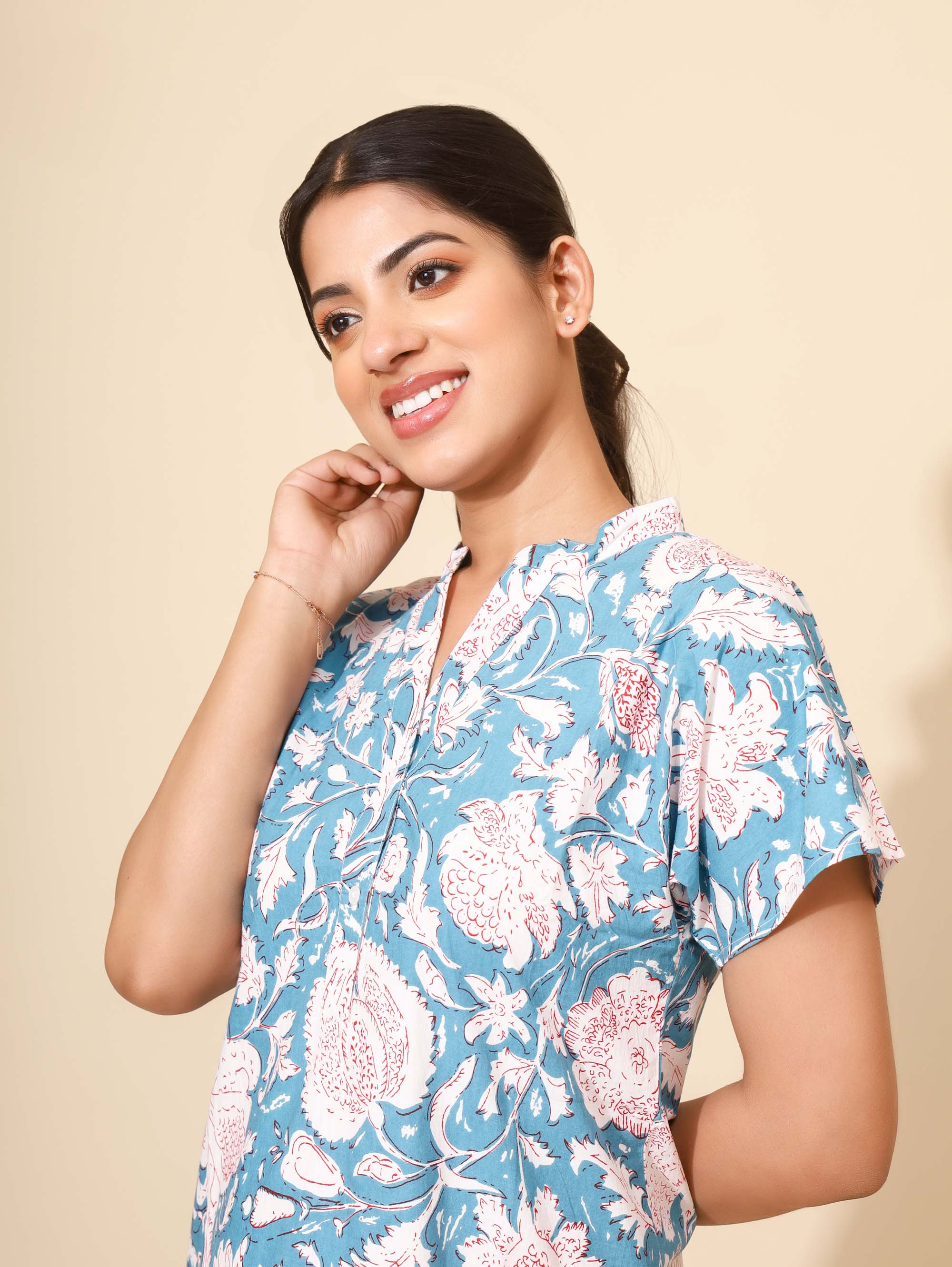 Yellow Bloom Azure Whirlwind Nighties for Women | Short Dress | Aqua Blue and White | Comfortable Wear | PGs/Campus Wear | Knee Length | Stylish Nighty | Button Closure | Front Placket | Pure Cotton