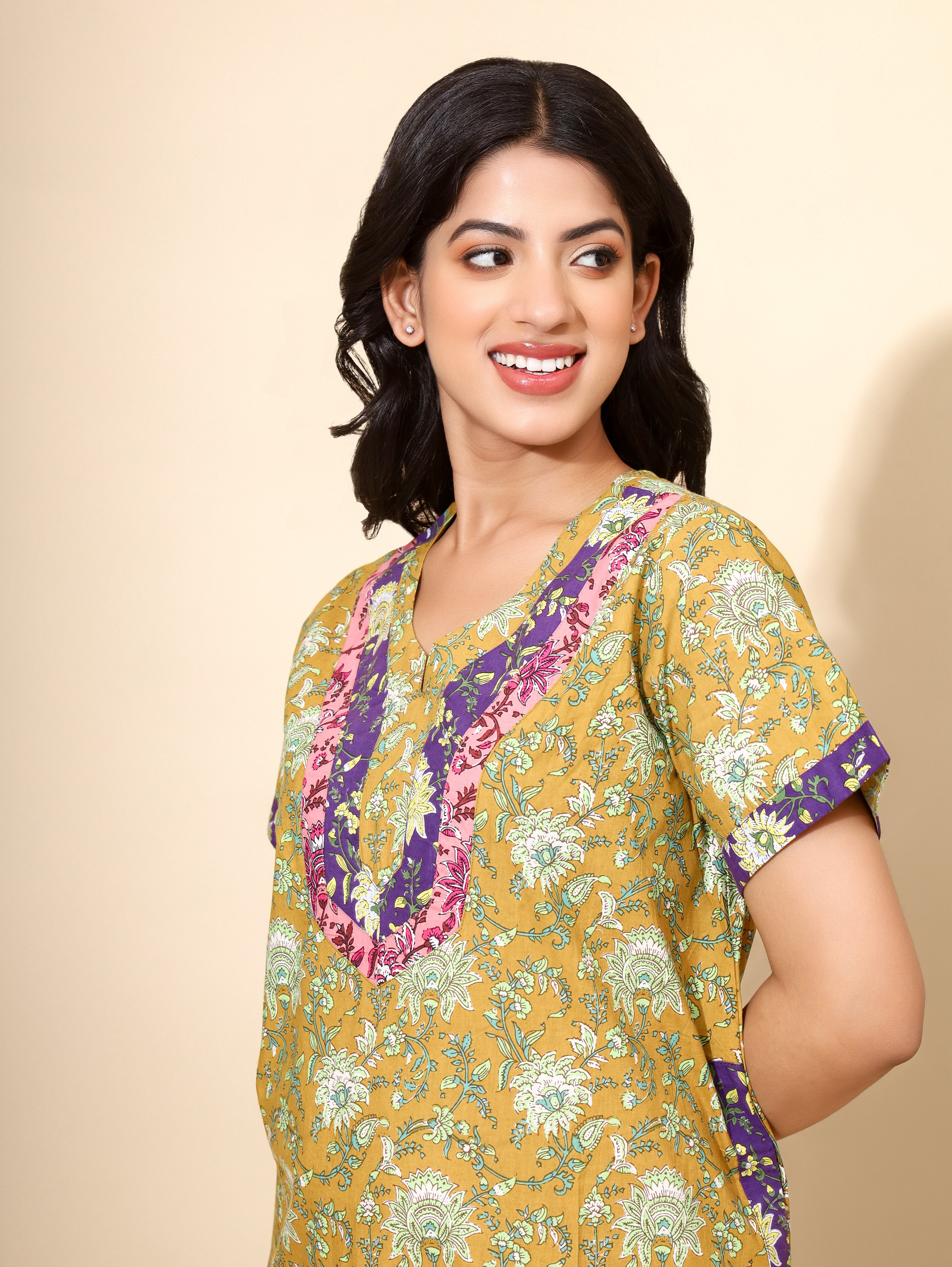 Yellow Bloom Golden Fern Bouquet for Women | Green | Maxi dress | Flower Print with Patchwork | All-day Nighty |Stylish Home/Hostel Wear | Ankle Length | Nightgown | Front Placket | Pure Cotton