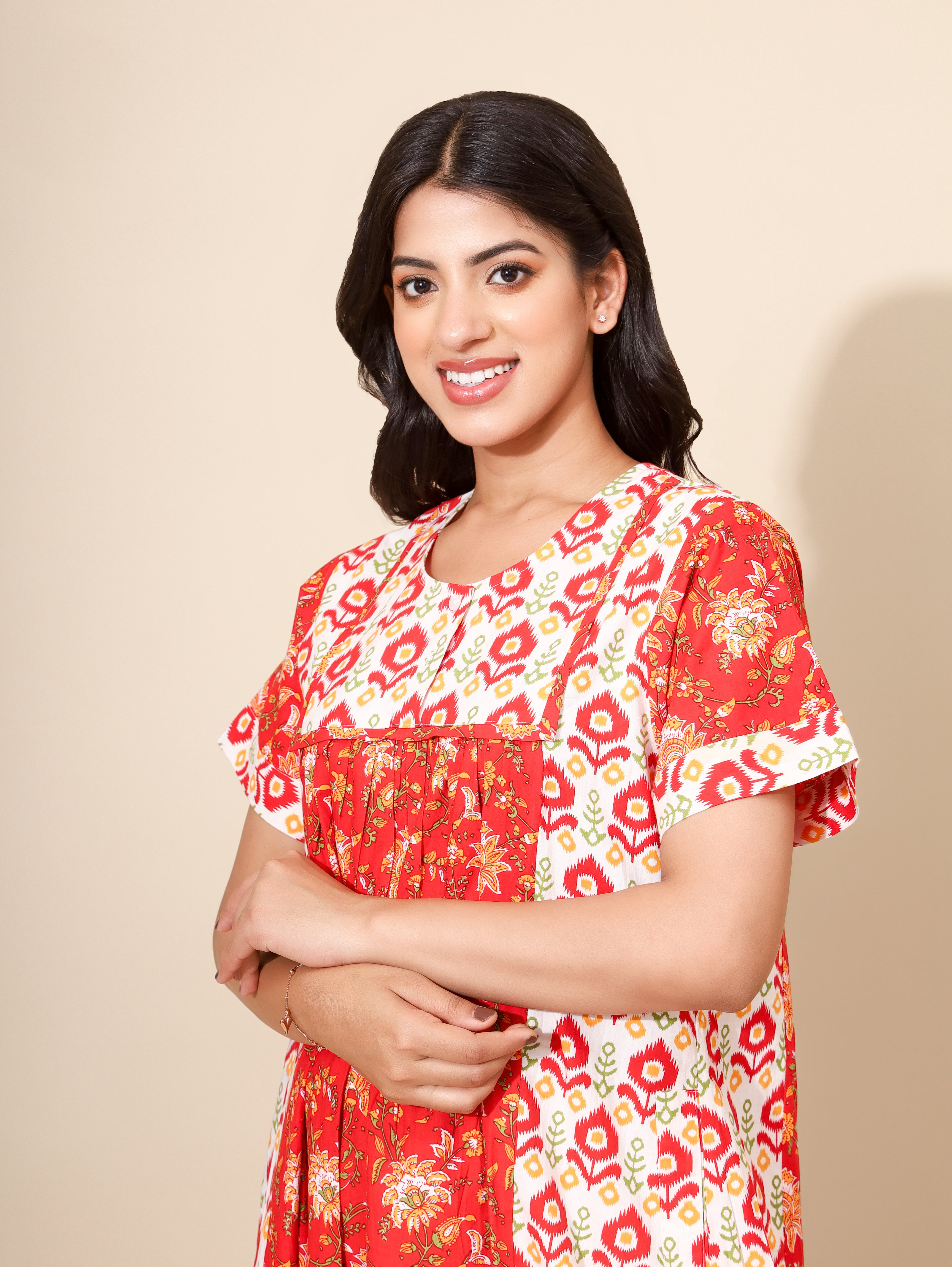 Yellow Bloom Crimson Bloom for Women | Maxi Dress | Red and White | All-day Wear | Home/Hostel/PGs Dress | Ankle Length | Elegant Design Nighty | Stylish Nightwear | Front Placket | Pure Cotton