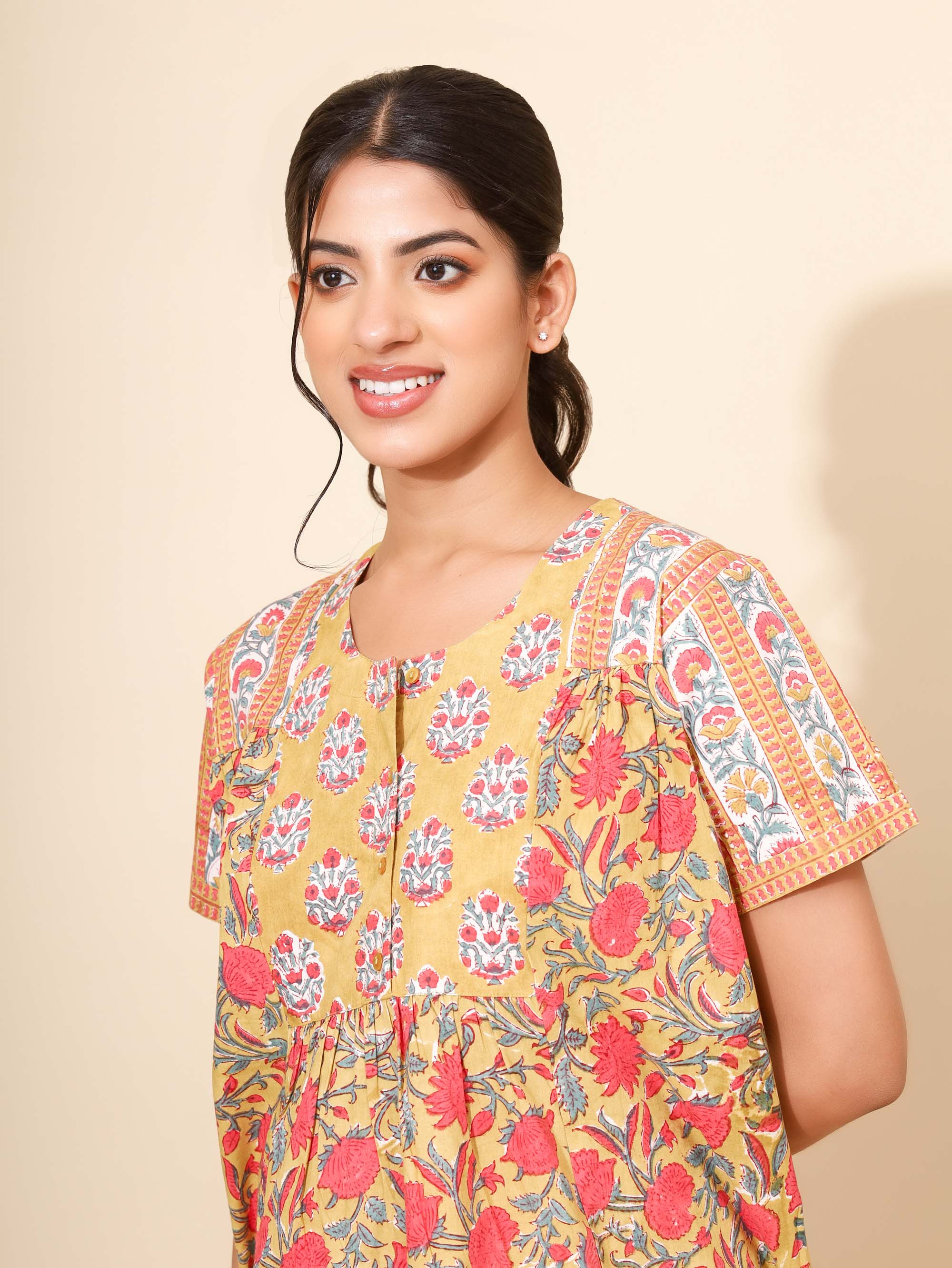 Yellow Bloom Golden Rose Garden Kaftan Nighties for Women | Maxi Dress | Rust & Rose Pink | Hand Block Print | Daily Wear | Ankle Length | Stylish and Versatile | Lounge Dress | Night Wear | Viscose