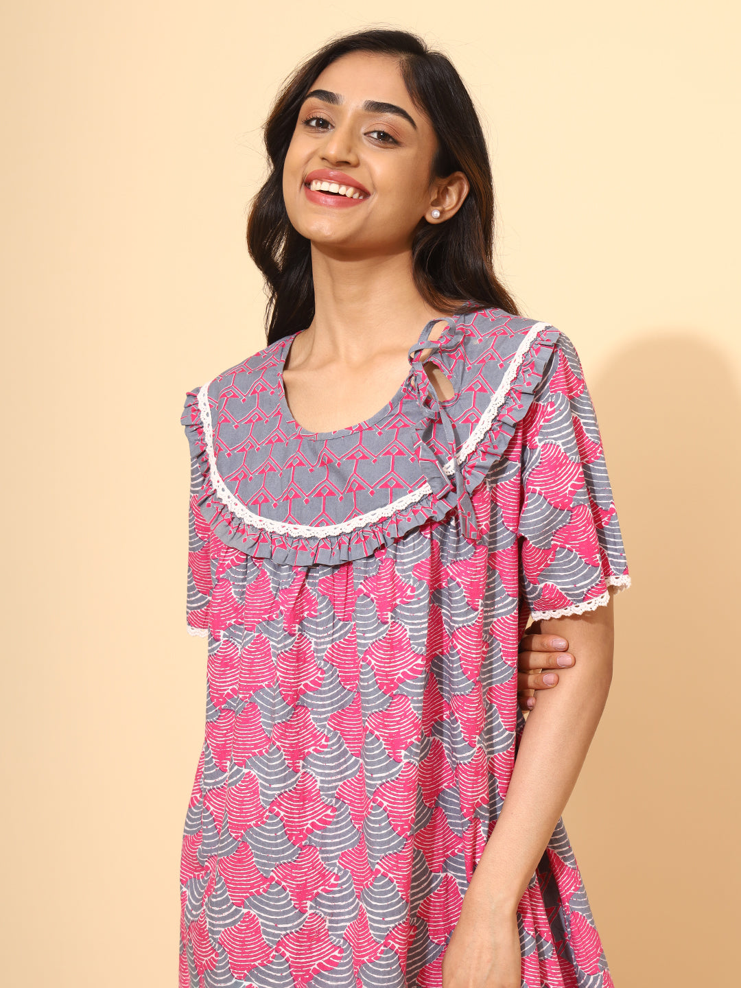 Yellow Bloom Refine Abstract Nighties for Women | Pink and Grey Maxi Dress | Abstract Print | Comfortable Daily Wear | Casual Wear | Ankle Length | Side Pockets | Front Placket | Pure Cotton