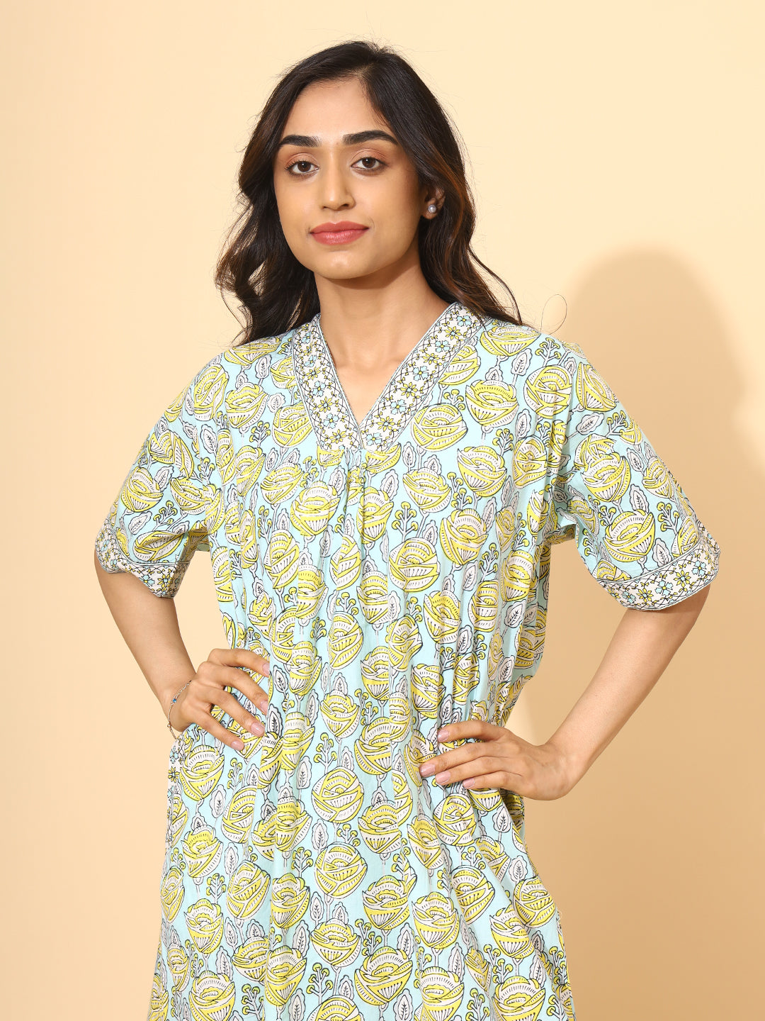 Yellow Bloom Sky Bloom Nighties for Women | Blue and Yellow Maxi Dress | Contrast Border Print | Daily Wear | Lounge Wear | Ankle Length | Stylish Nighty | Side Pocket | Pure Cotton