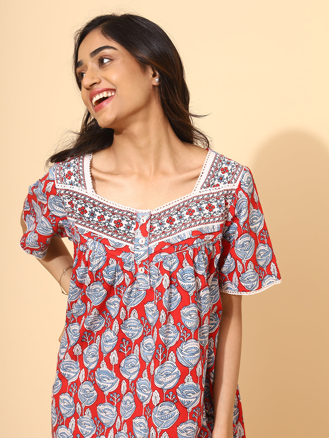 Yellow Bloom Chrimson Rose Nighties for Women | Red and White Maxi Dress | Abstract Print | Comfortable Daily Wear | Casual Wear | Ankle Length | Stylish Nighty | Contrast Neck | Pure Cotton