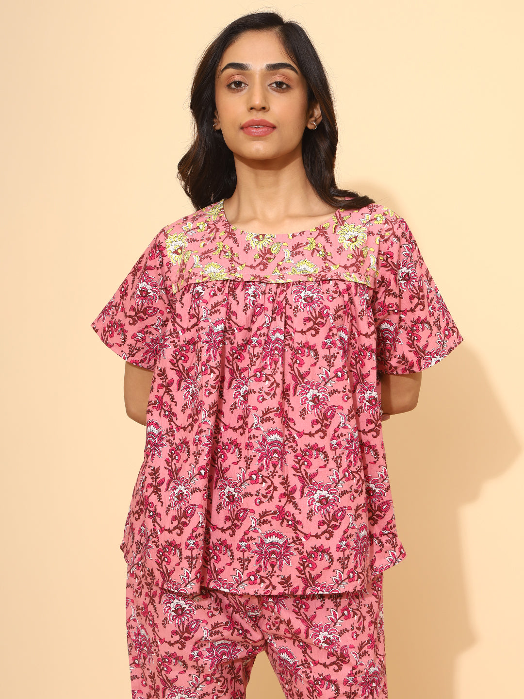 Yellow Bloom Maroon Blossom Co ord Pant Set for Women | Pyjama and Top | Pink and Maroon Flower Print| Work from Home Wear | Night Wear | Staycation | Hostels/PGs Wear | Lounge Dress| Pure Cotton