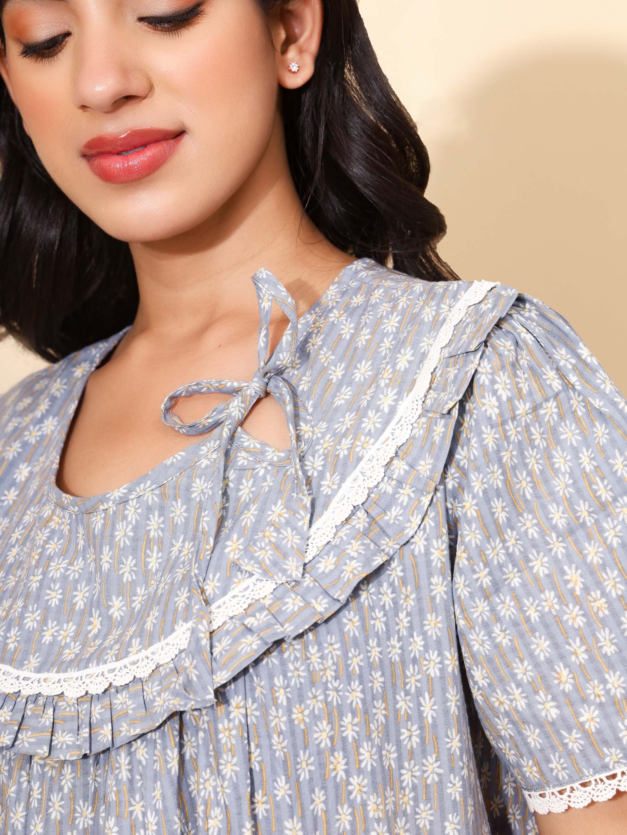 Yellow Bloom Graceful Harmony Nighties for Women | Maxi Dress | Grey and White | Lace Pattern | Comfortable All-day Wear | Work from Home Wear| Beautiful Neck Line | Lounge Nighty | Pure Cotton