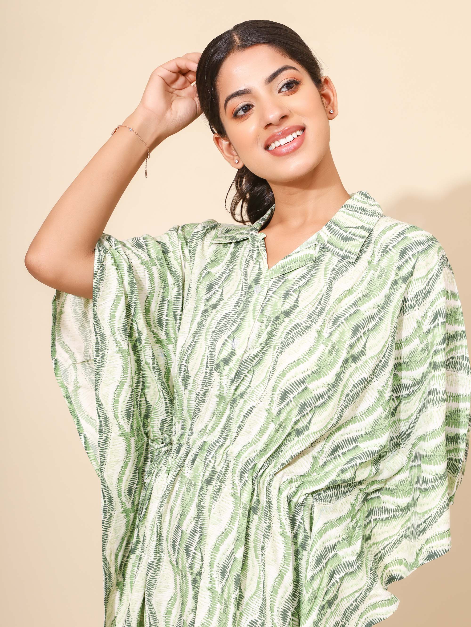 Yellow Bloom Oasis Elegance Kaftan Nighties for Women | Maxi Dress | Green Abstract Print | Collared Neck | Vacation Wear | Beach Cover-ups | Leisure Wear | Ankle length | Lounge Nighty | Viscose