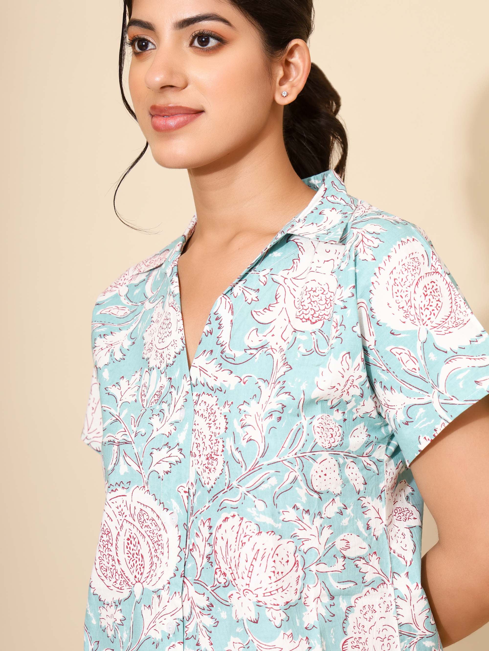 Yellow Bloom Aqua Blossom Nighty for Women | Short Dress | Light Aqua Green & White Print | Comfortable and Daily Wear | Nuclear families/Hostels/PGs | Knee Length | Stylish Dress | Pure Cotton