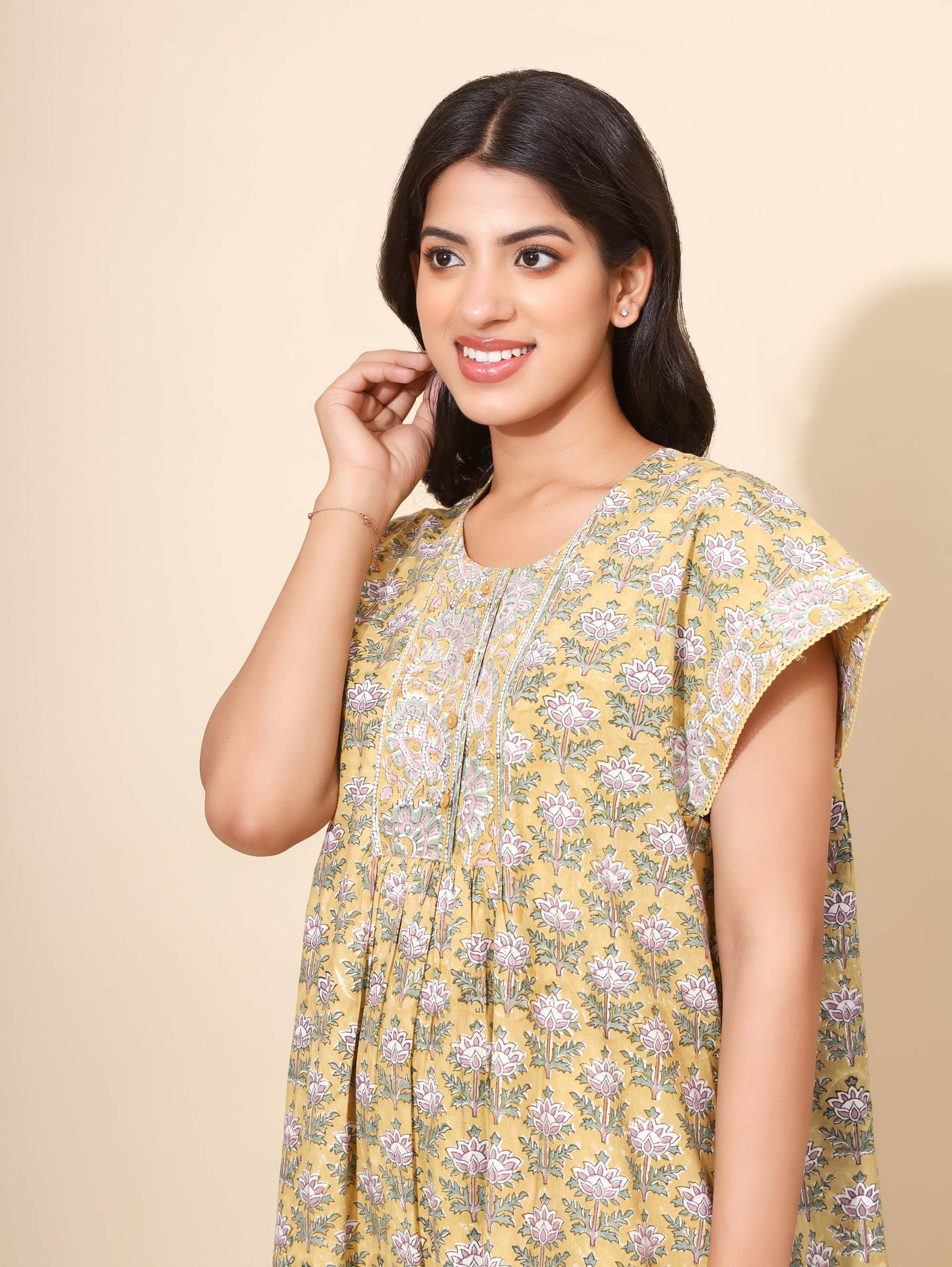 Yellow Bloom Golden Gardenia Bliss Nighties for Women | Maxi Dress | Yellow with Unique Print | Comfortable Daily Wear | Ankle Length | Stylish Versatile design | Lounge Nighty | Pure Cotton
