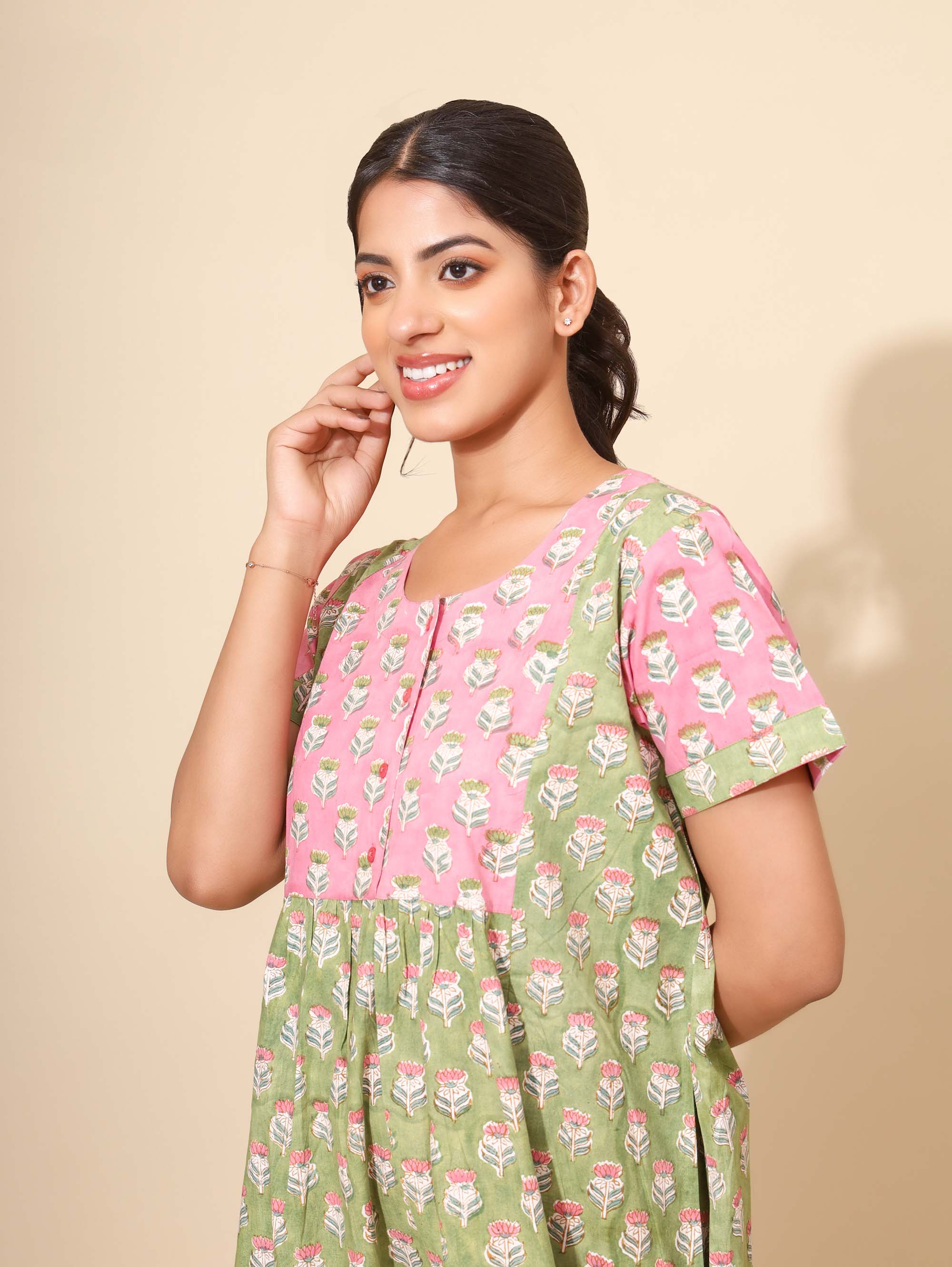 Yellow Bloom Pastel Petal Nighties for Women | Maxi Dress | Green and Pink | Hand Block Print | All-day Comfortable Wear | Ankle Length | Stylish Wear | Lounge Nighty | Pure Cotton