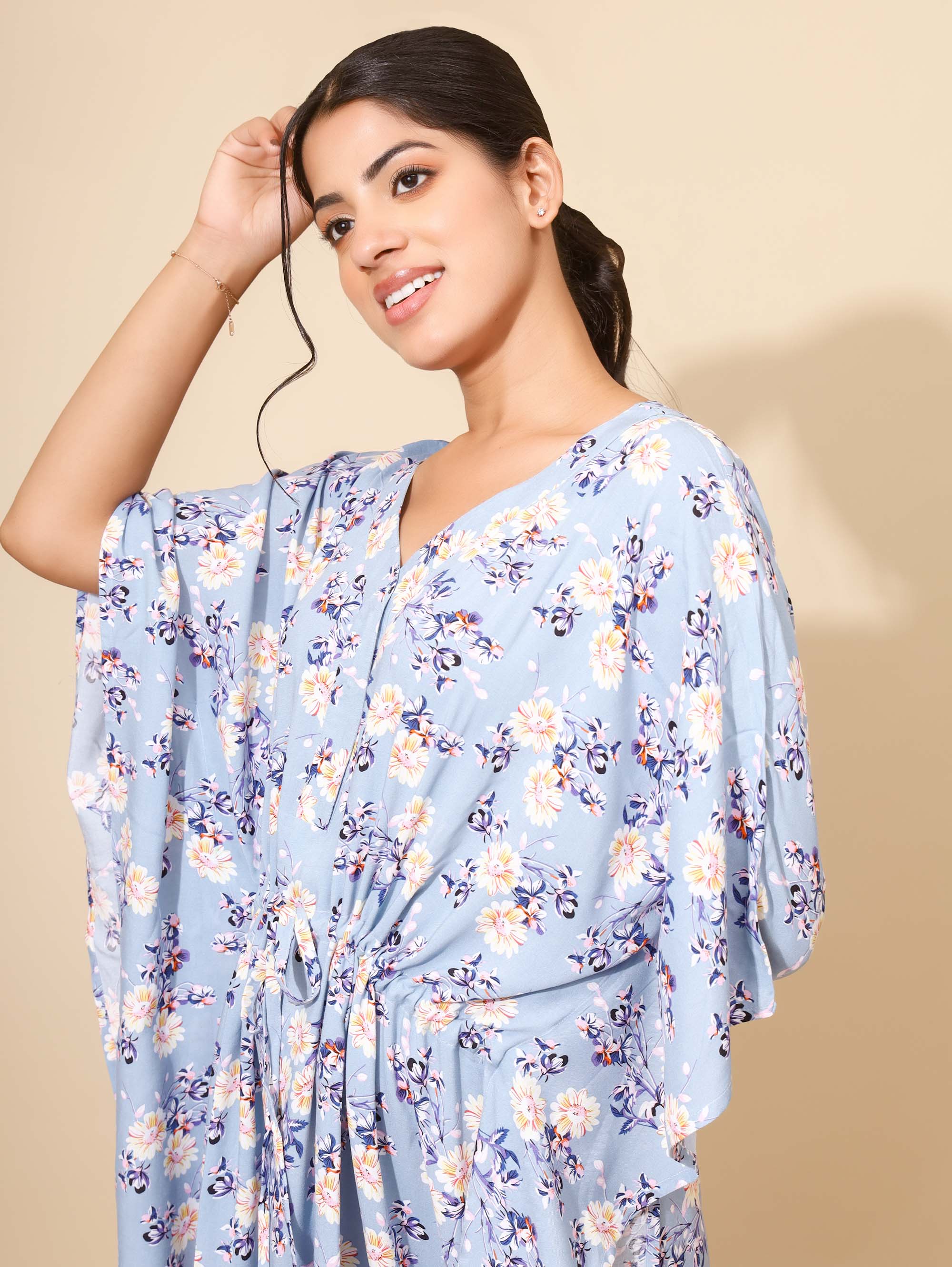 Yellow Bloom Sapphire Garden Kaftan Nighties for Women | Maxi Dress | Pink and White | Abstract Print | All-day Wear | Leisure & Travel Wear | Ankle Length | Versatile | Lounge Dress | Viscose | Rayon
