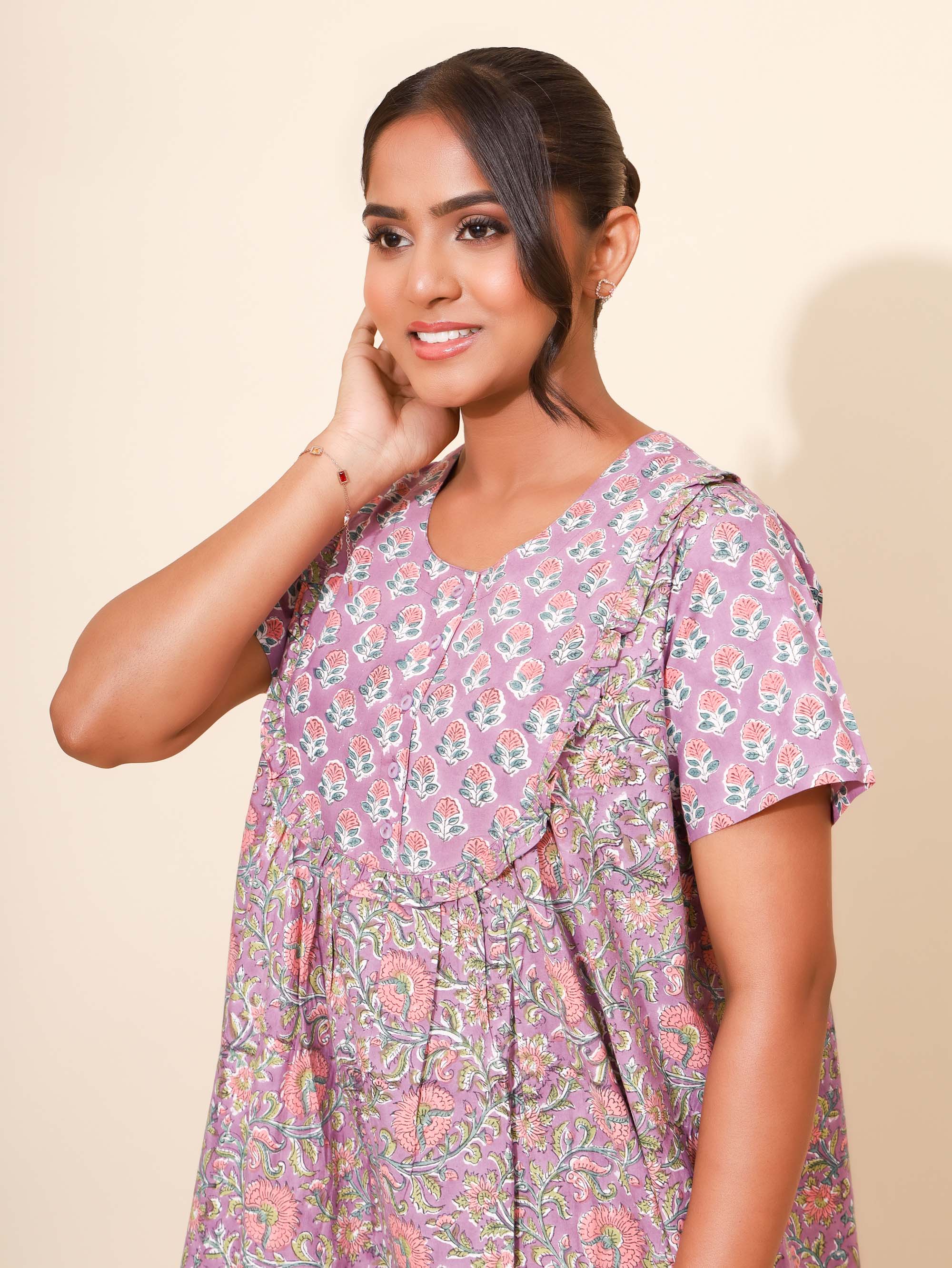 Yellow Bloom Sprint Orchid Nighties for Women | Maxi Dress | Purple and Pink | Floral Print | All-day Wear | Nightgown | Ankle Length | Family Wear | Stylish and Versatile | Pure Cotton