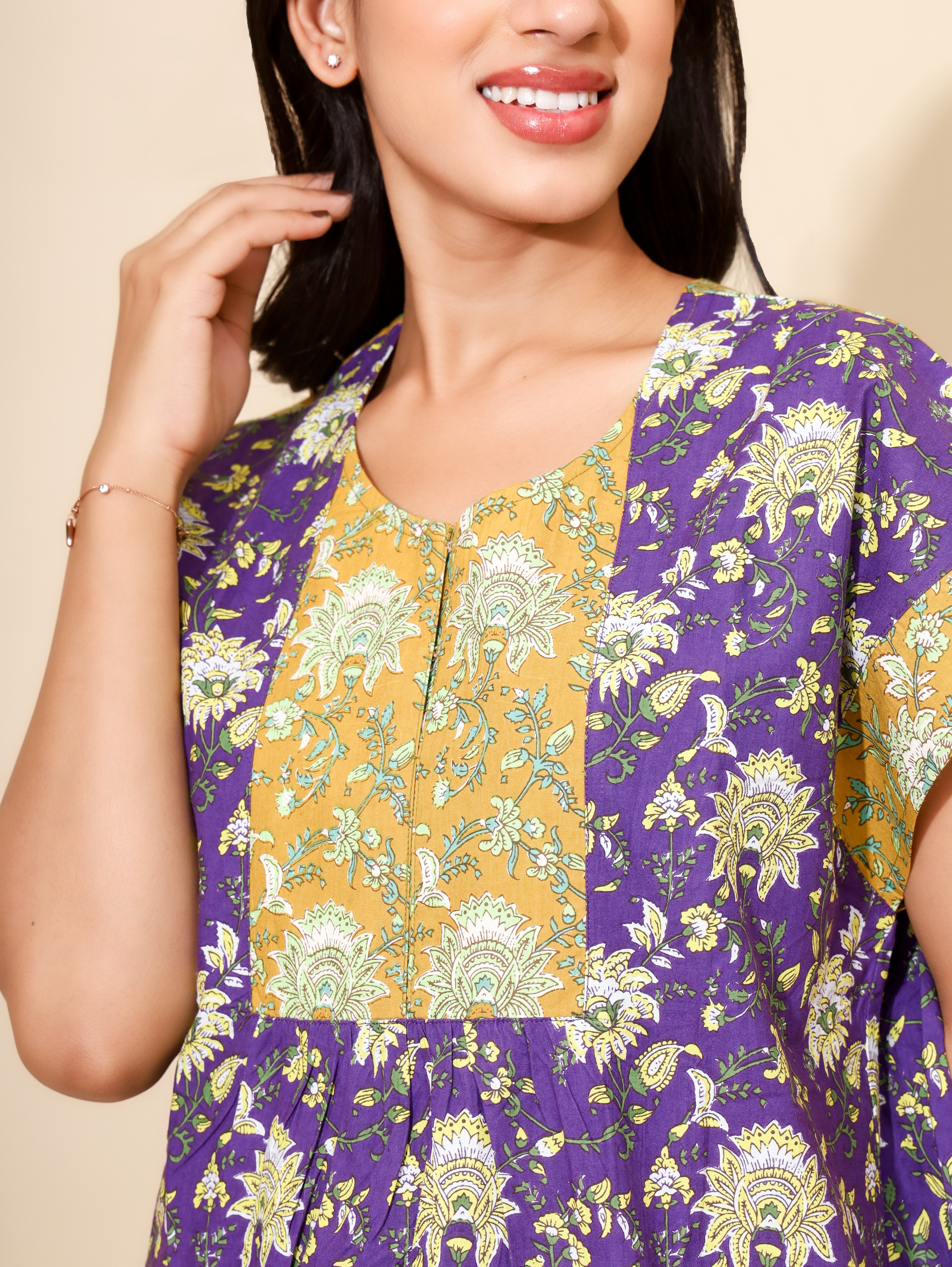 Yellow Bloom Lavender Meadow Nighties for Women | Purple and Pink | Maxi dress | Flower Print with Patchwork | All-day Wear | Stylish Home Nighty | Ankle Length | Aesthetic Appeal | Pure Cotton
