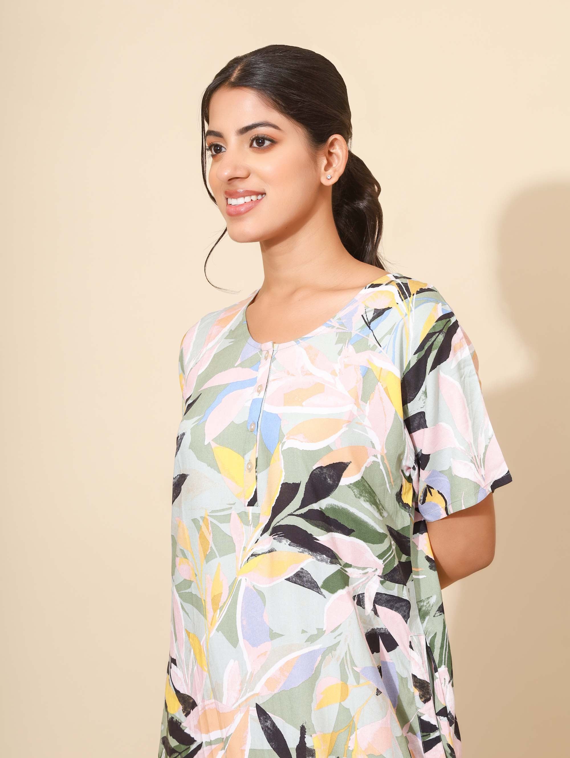 Yellow Bloom Whimsical Pastel Harmony Nighties for Women | Multicolor Maxi Dress | Leaf Print | Comfortable Daily Wear | Casual Wear | Ankle Length | Stylish Nighty | Button Closure | Front Placket