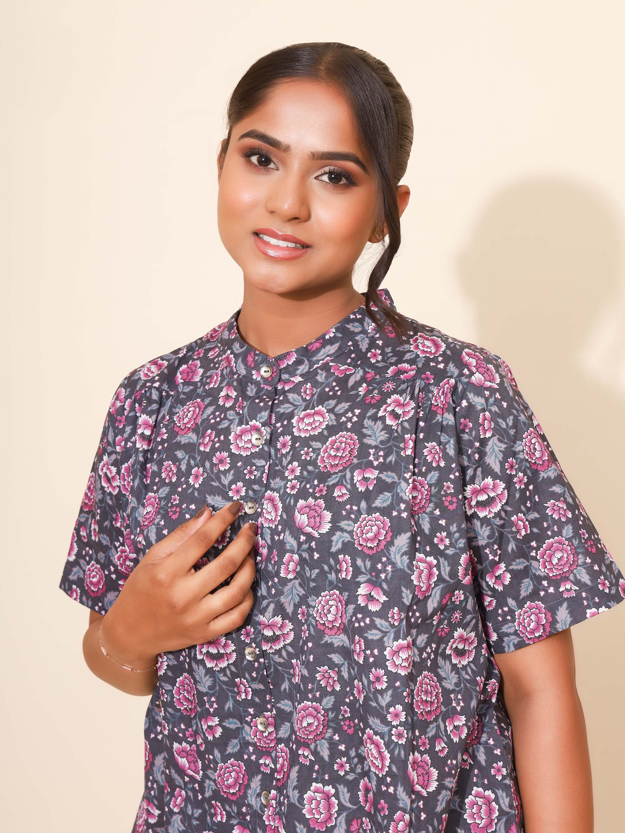 Yellow Bloom Rosy Night Bloom Co ord Pant Set for Women | Pyjama and Top | Gray and Pink with Flower Print| Daily Wear | Nuclear families/Hostels/PGs Wear | Travel Wear | Lounge Dress | Pure Cotton