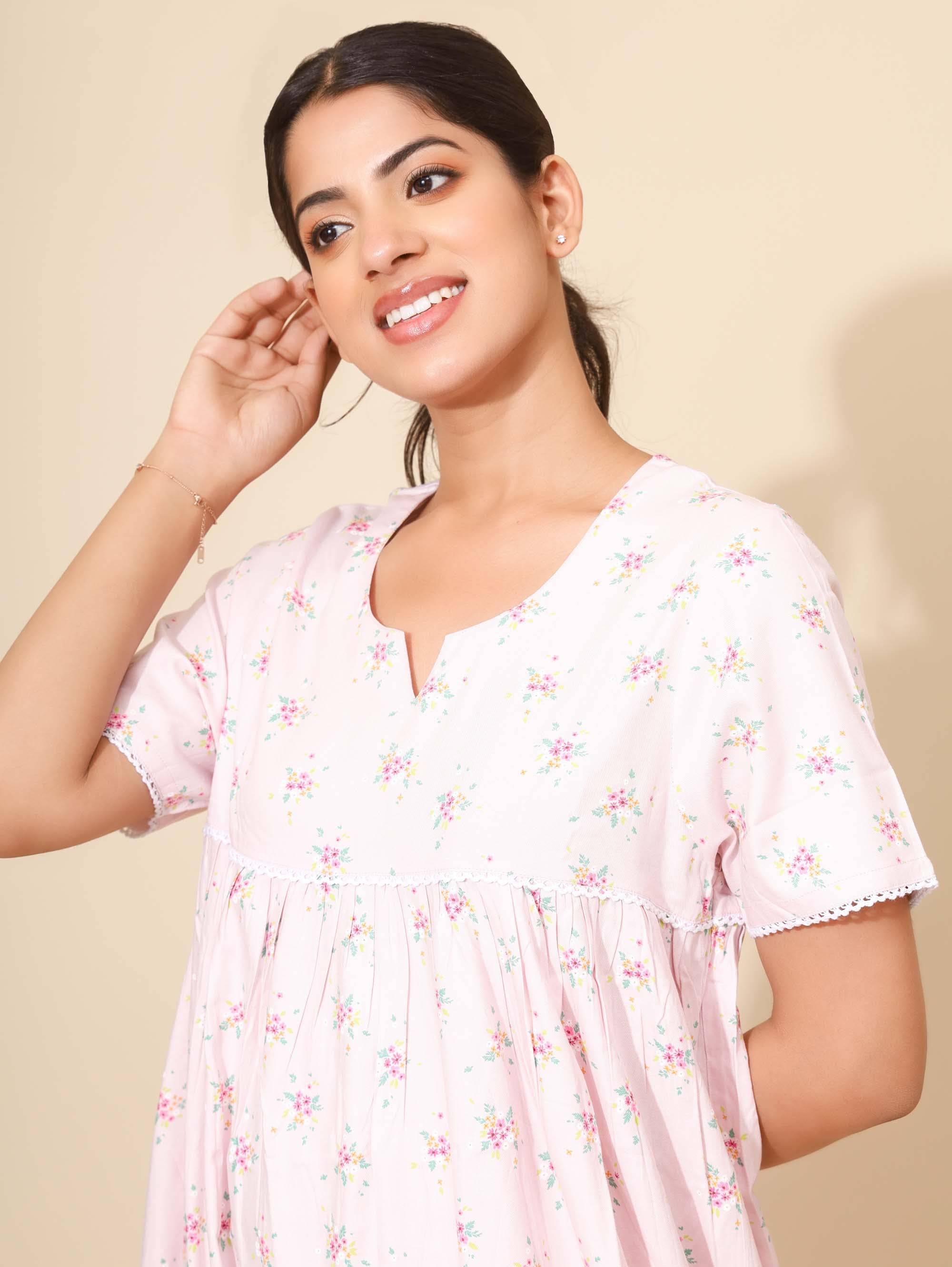 Yellow Bloom Petals in Pink Nighties for Women | Maxi Dress | Pink with Floral Print | All-day Home Wear | Families Wear | Ankle Length | Night Gown | Lounge Wear | Round Neck | Rayon | Viscose