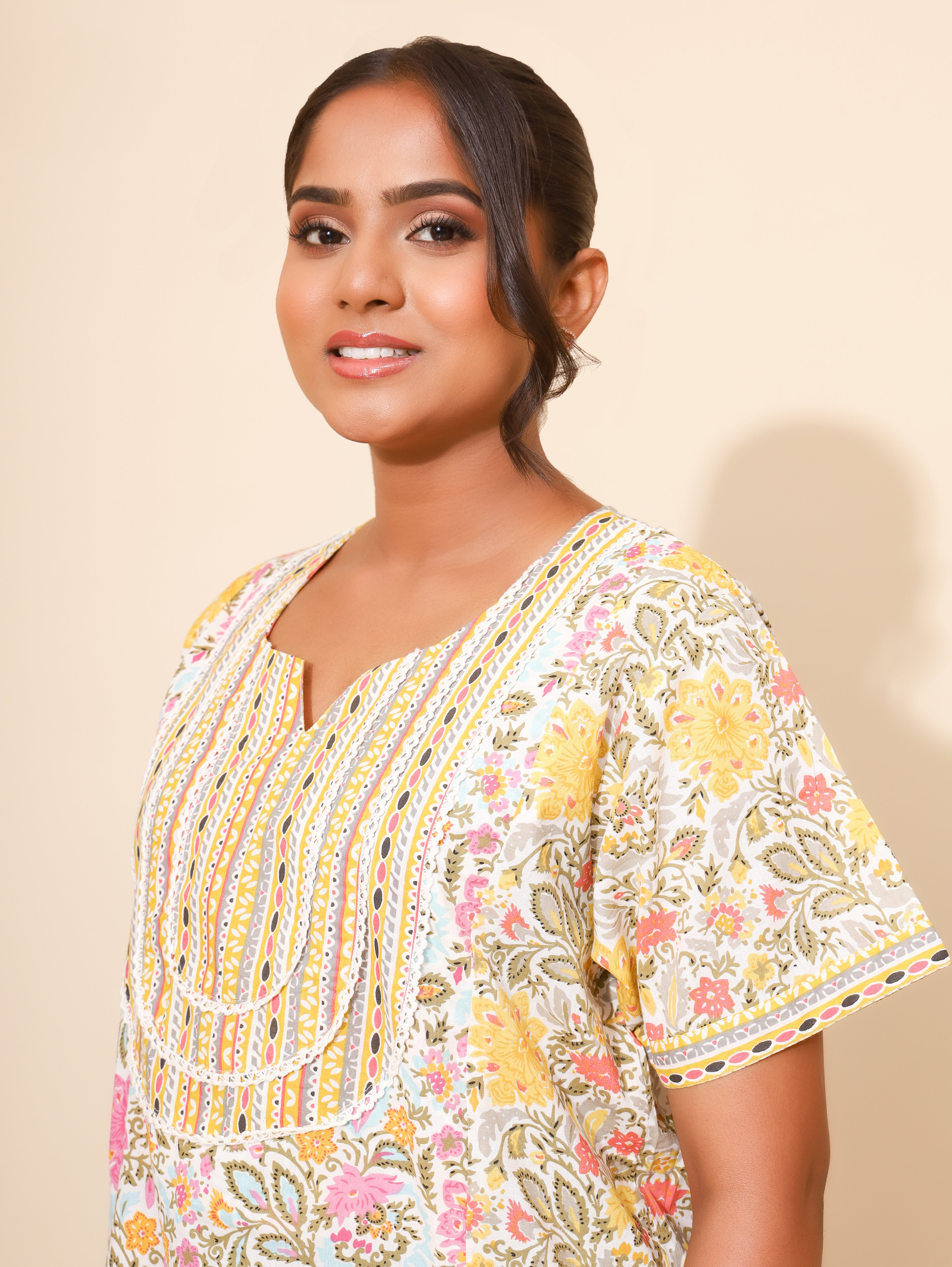 Yellow Bloom Sunny Petal Medley Nighties for Women | Yellow and Pink | Maxi dress | Patchwork and Lace | Elegant Design | All-day Wear | Ankle Length | Stylish Nightwear | Front Placket | Pure Cotton