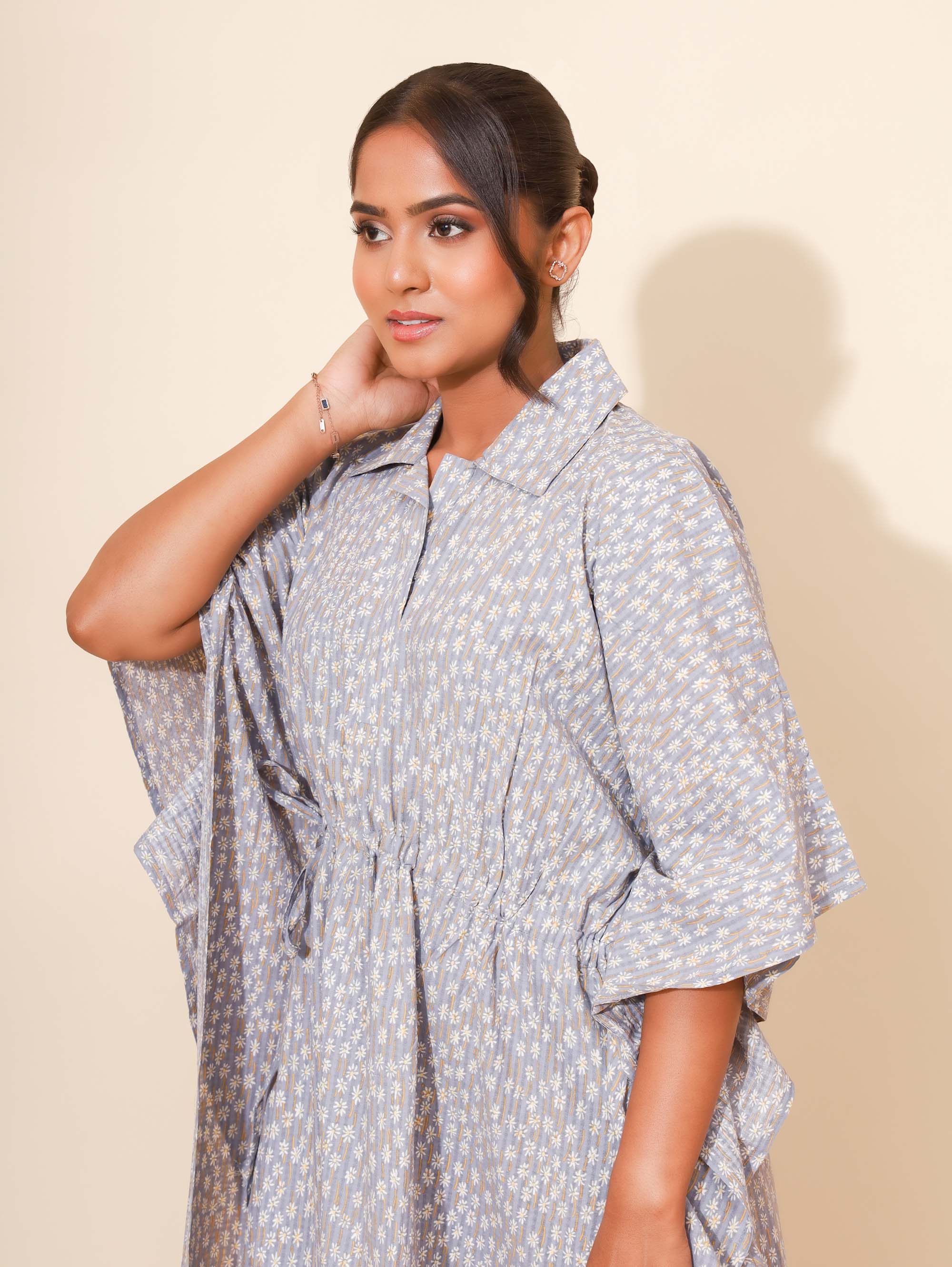 Yellow Bloom Sunlit Slate Bloom Kaftan Nighties for Women | Short Dress | Grey Floral Print | All-day Wear | Travel & Leisure Dress | Knee length | Stylish and Versatile | Lounge Nighty | Pure Cotton