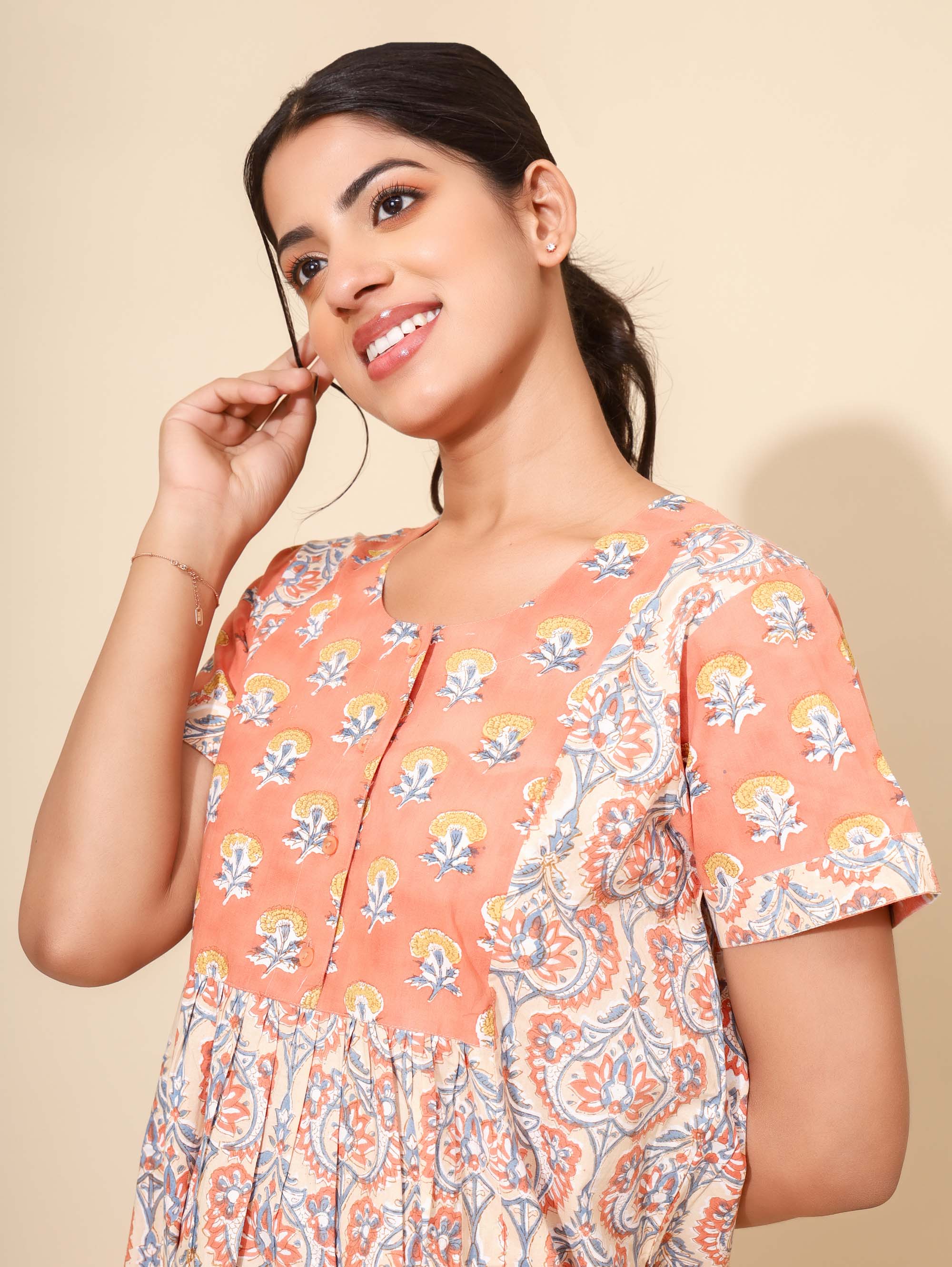 Yellow Bloom Citrus Mist Nighties for Women | Maxi Dress | Orange & Grey | Comfortable Daily Wear | Work from Home Wear | Ankle Length | Stylish Wear | Lounge Nighty | Pure Cotton