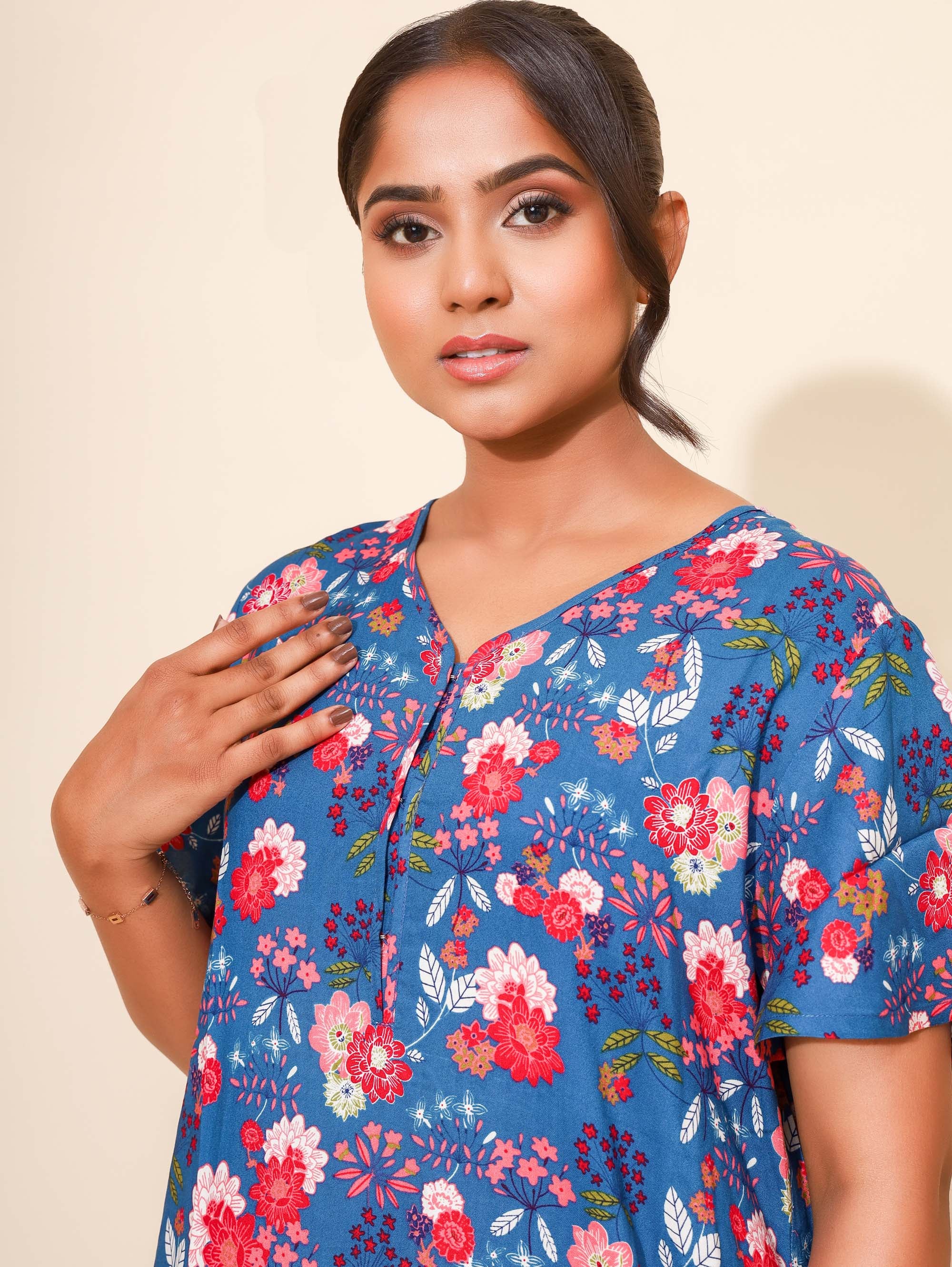 Yellow Bloom Sapphire Blossom Nighties for Women | Maxi Dress | Blue and Red with Floral Print | All-day Comfortable Dress | Family Wear | Lounge Nighty | V Neck | Viscose