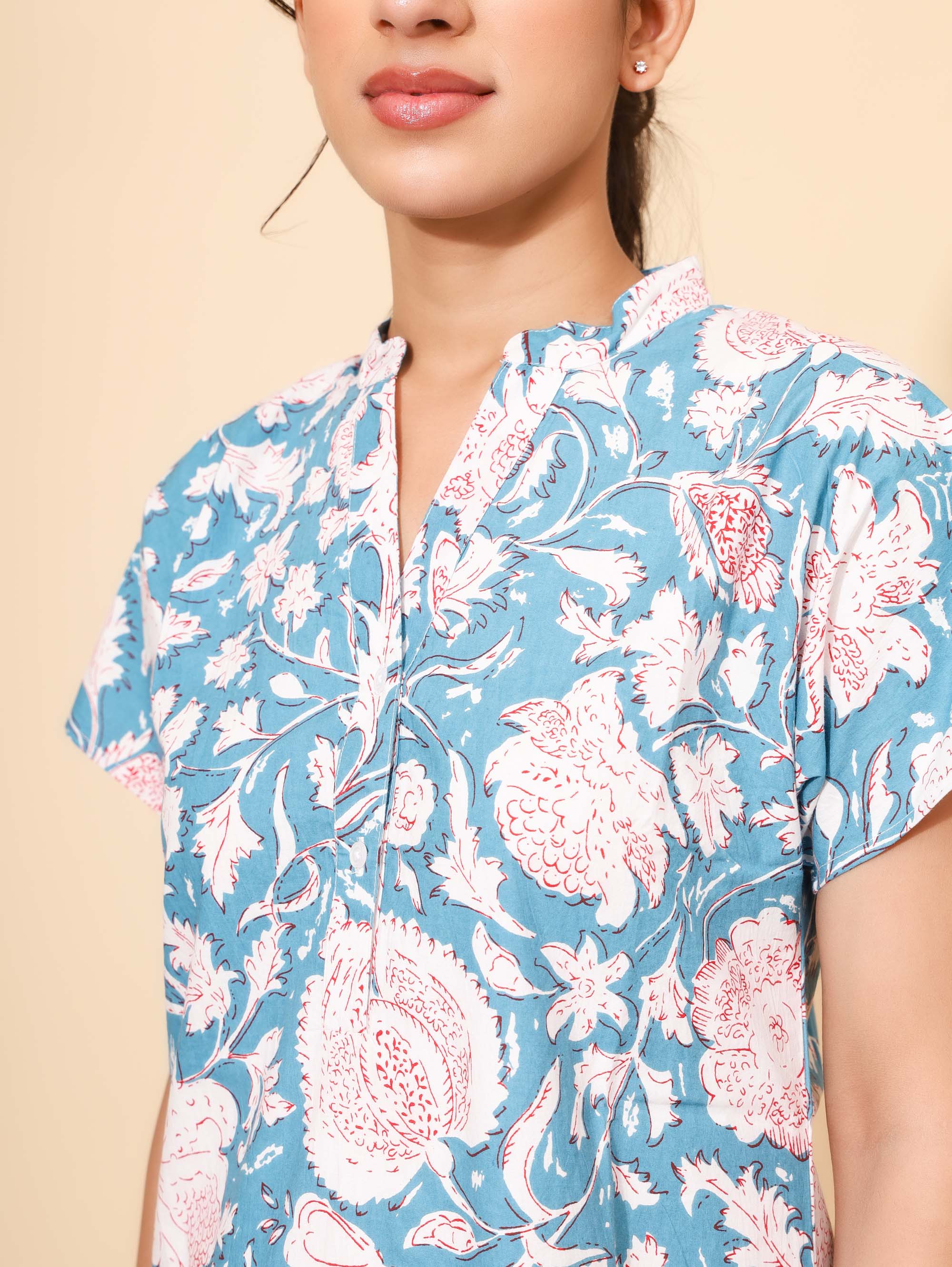 Yellow Bloom Azure Whirlwind Nighties for Women | Short Dress | Aqua Blue and White | Comfortable Wear | PGs/Campus Wear | Knee Length | Stylish Nighty | Button Closure | Front Placket | Pure Cotton