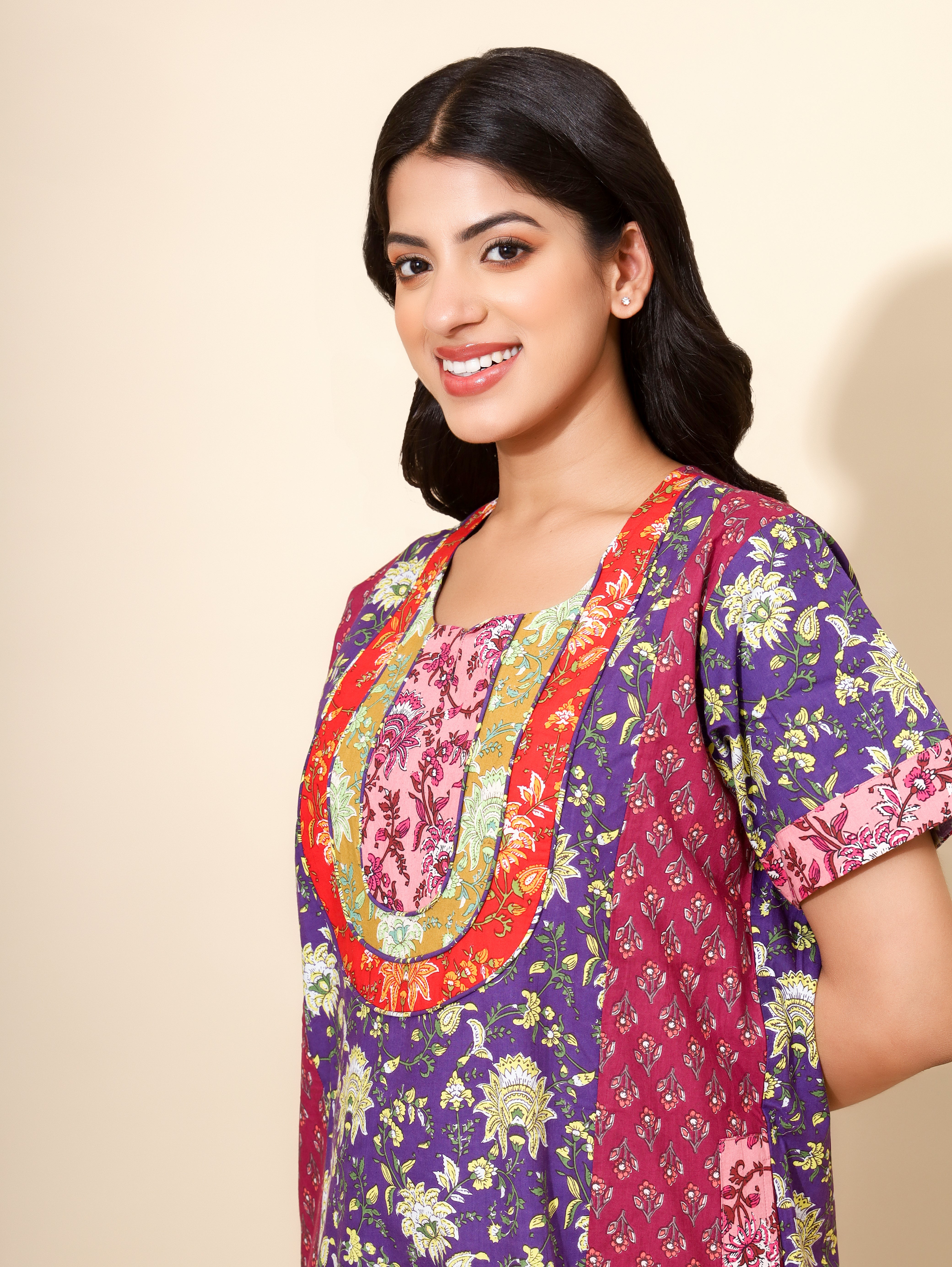 Yellow Bloom Royal Orchid Garden Nighties for Women | Maxi dress | Purple and Pink | Flower Print | Patch Work Nighty | All-day Wear | Stylish Family Wear | Ankle Length | Front Placket | Pure Cotton
