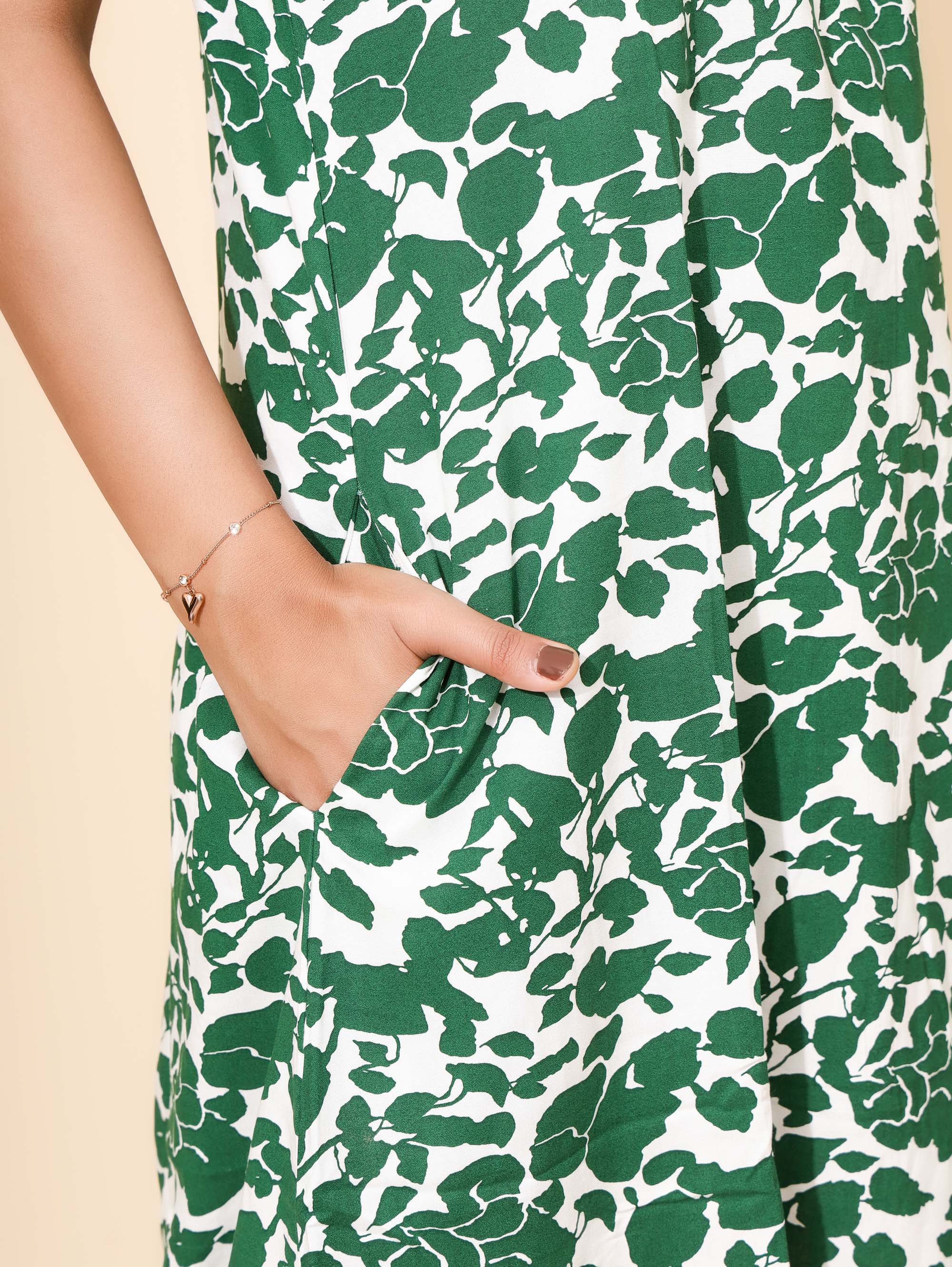 Yellow Bloom Forest Elegance Nighties for Women | Short Dress | Green & White Floral Print | Knee Length | All-day Wear | Hostels/PGs/Campus Wear | Picnic Wear | Lounge Dress | Pure Cotton