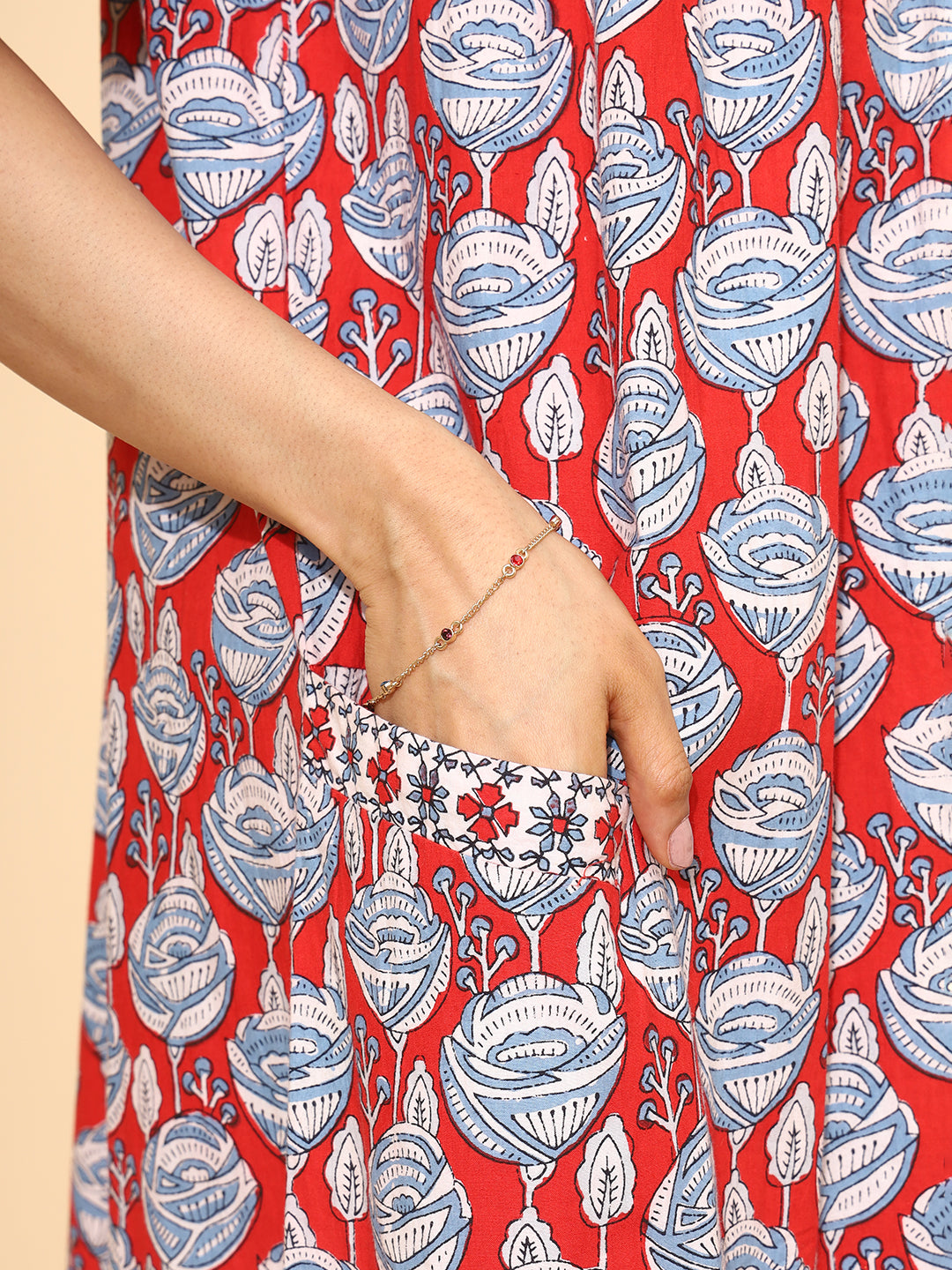 Yellow Bloom Chrimson Rose Nighties for Women | Red and White Maxi Dress | Abstract Print | Comfortable Daily Wear | Casual Wear | Ankle Length | Stylish Nighty | Contrast Neck | Pure Cotton