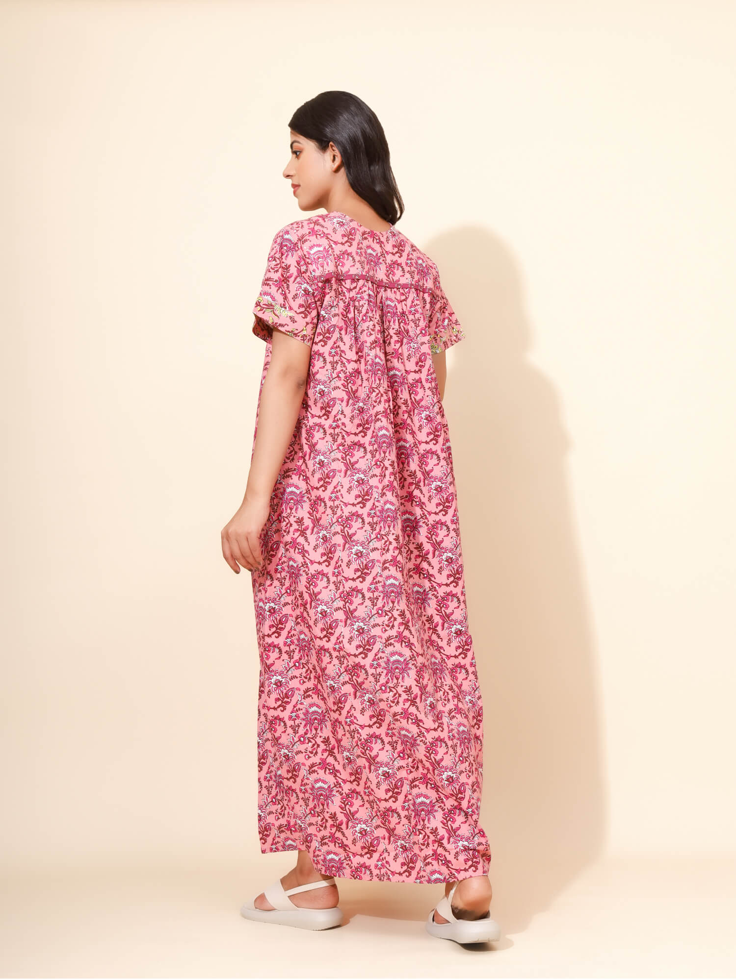 Yellow Bloom Blossom Radiance for Women | Maxi Dress | Pink and Maroon | Monotone Flower Print | Day and Night Wear | Home/Hostel/PGs Dress| Ankle Length | Stylish Nighty | Front Placket | Pure Cotton