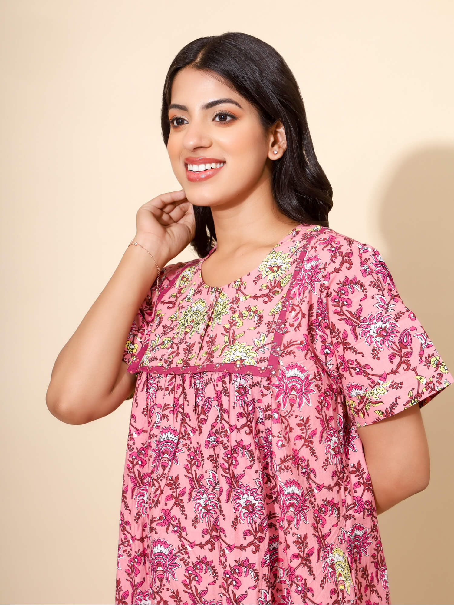 Yellow Bloom Blossom Radiance for Women | Maxi Dress | Pink and Maroon | Monotone Flower Print | Day and Night Wear | Home/Hostel/PGs Dress| Ankle Length | Stylish Nighty | Front Placket | Pure Cotton