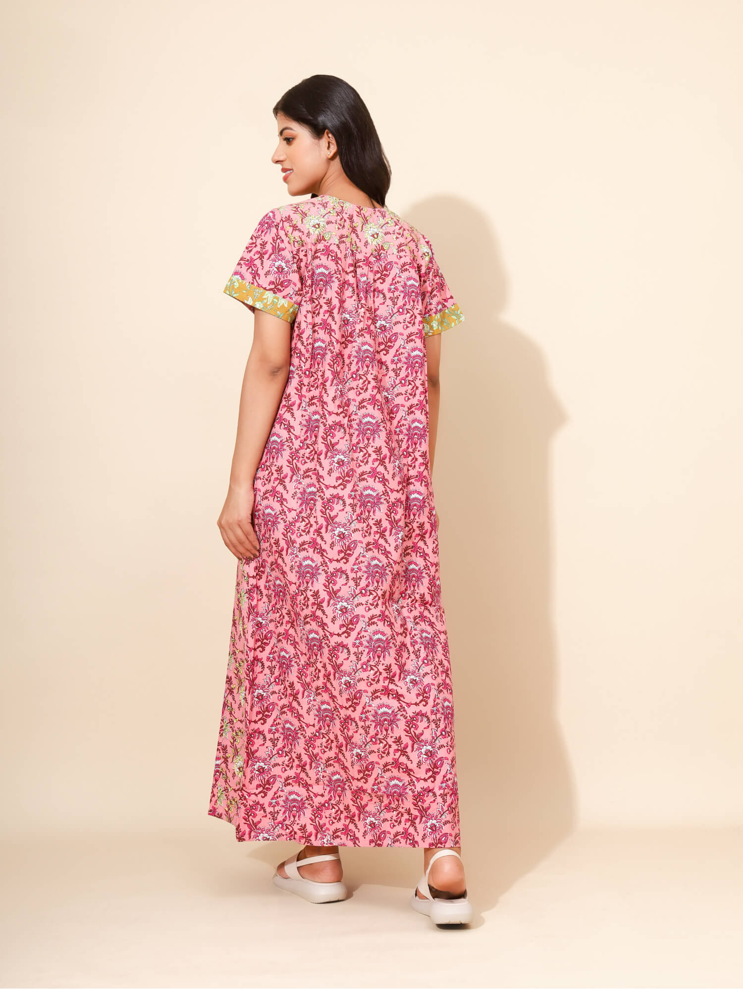 Yellow Bloom Blush Petal Bloom Nighties for Women |Maxi Dress | Pink and Maroon | Flower Print with Patch Work | Daily Wear | Family Wear | Ankle Length | Stylish Nighty | Pure Cotton