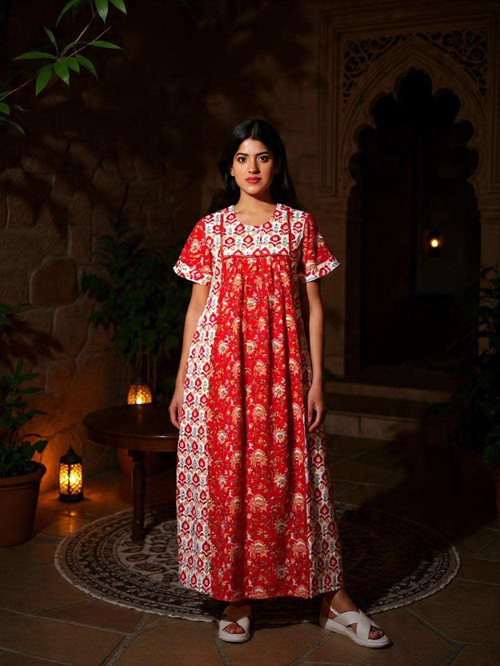 Buy Crimson Bloom – Red Cotton Kaftan Dress for Women