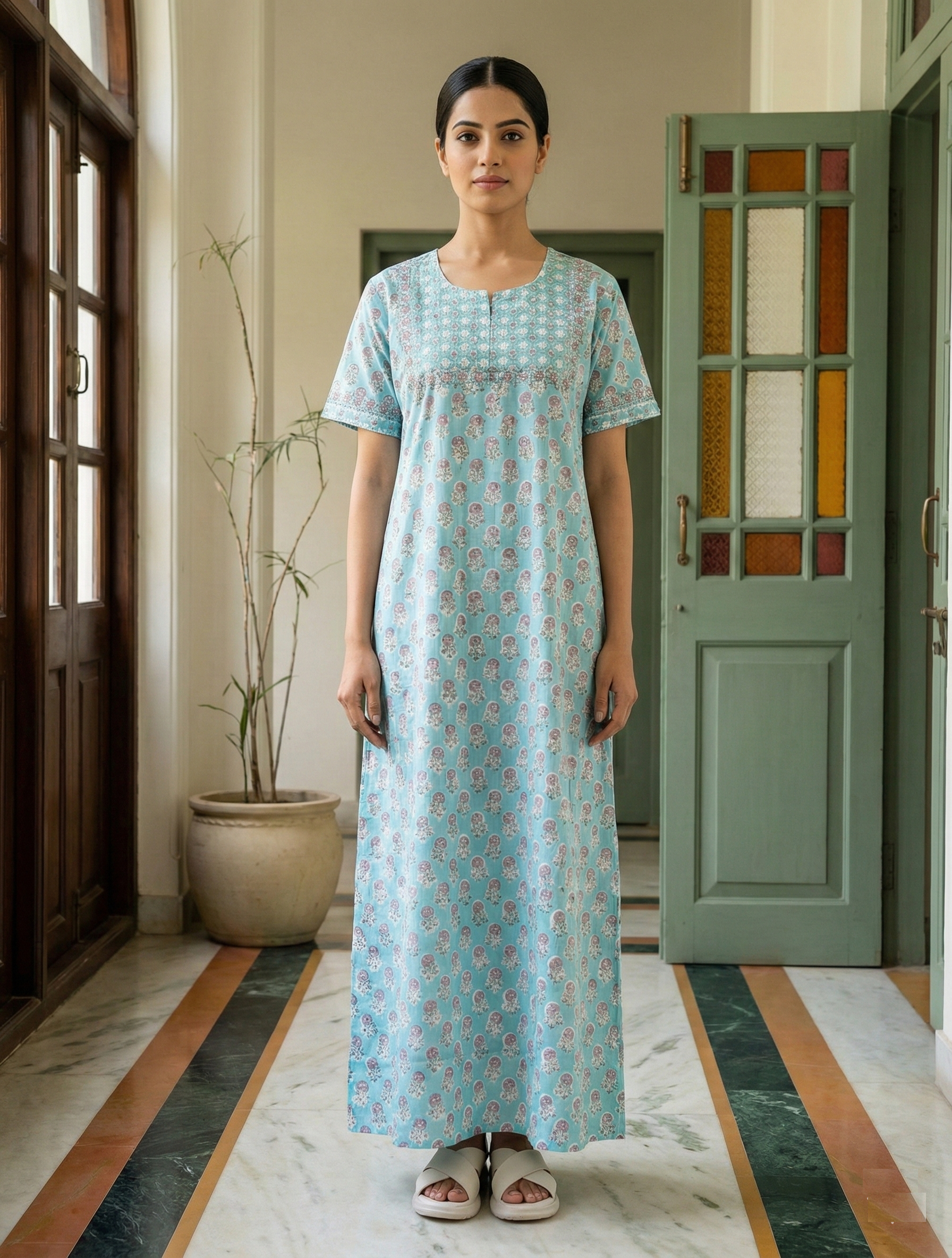 Celestial Bloom Maxi  Light Blue Floral Lounge Dress | Yellow Bloom