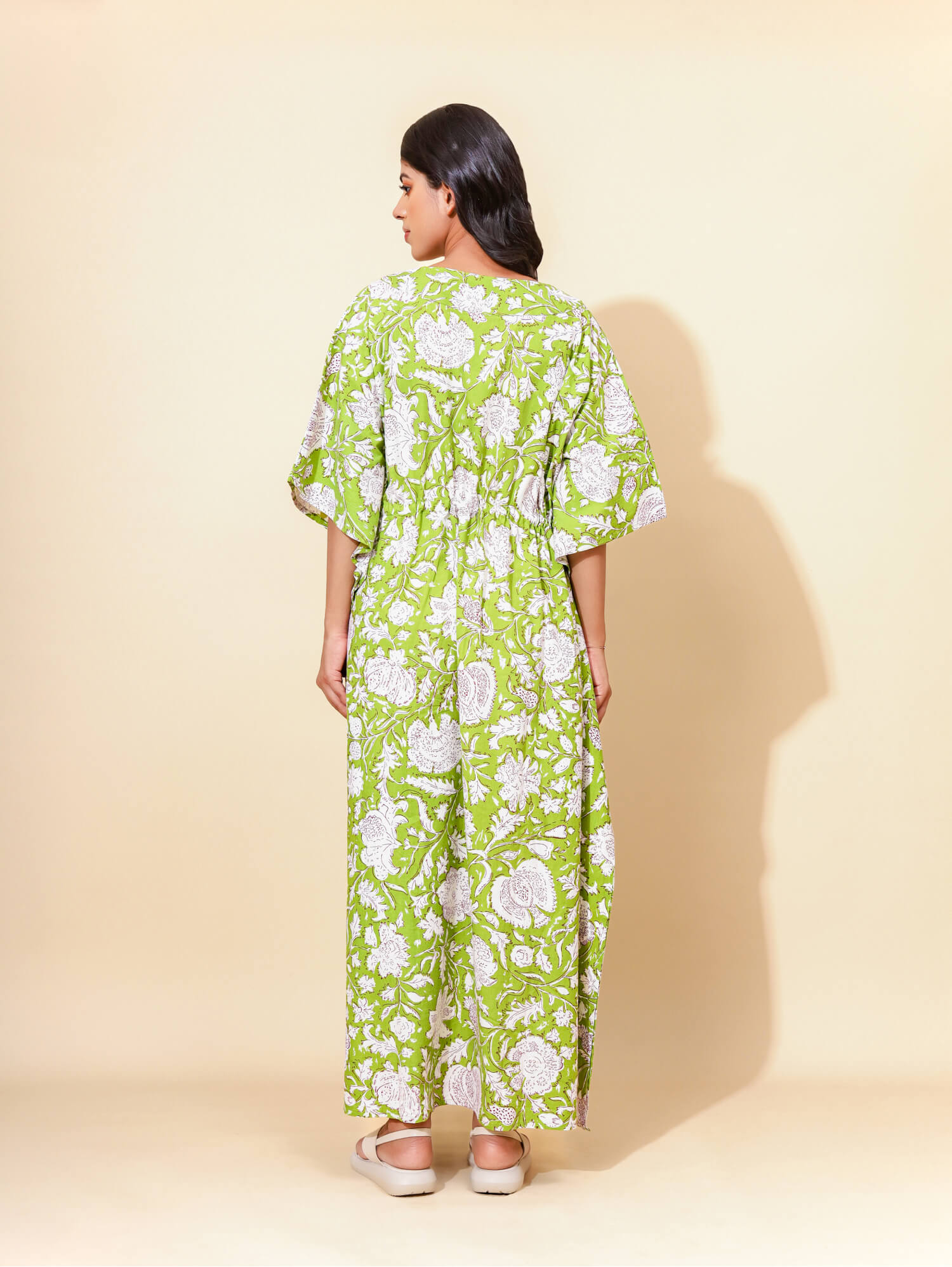 Yellow Bloom Emerald Serenity Kaftan Nighties for Women | Long Dress | Green Beachwear | Travel Wear | Floral Pattern | Ankle Length | Stylish Versatile design | Lounge Nighty | Pure Cotton