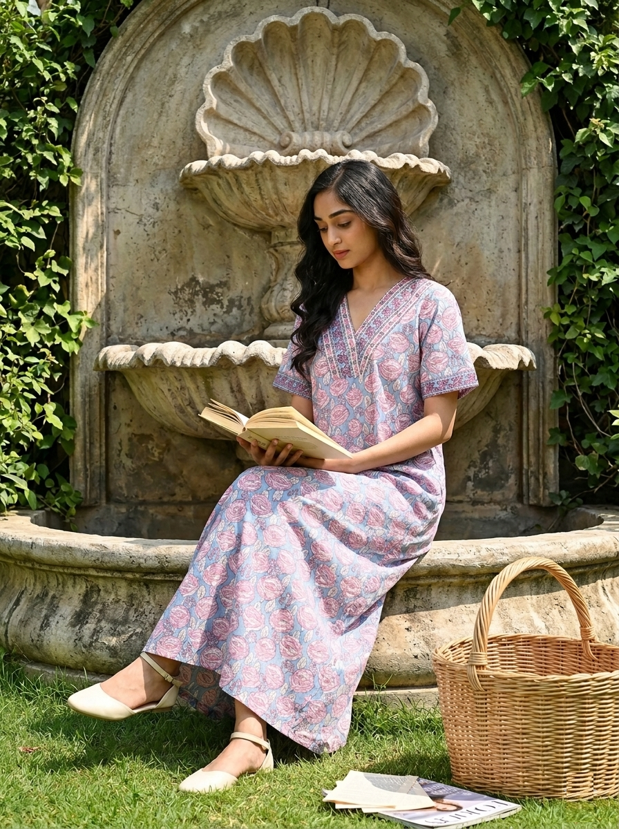 Geo Rose Maxi – Elegant Cotton Nightwear for Women