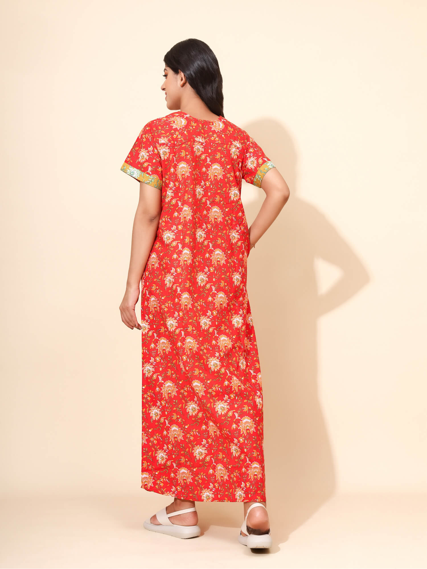Yellow Bloom Poppy Meadow for Women | Red Maxi Dress | Flower Print with Patchwork | All-day Dress | Versatile Home/Hostel Wear | Ankle Length | Stylish Nighty | Front Placket | Pure Cotton