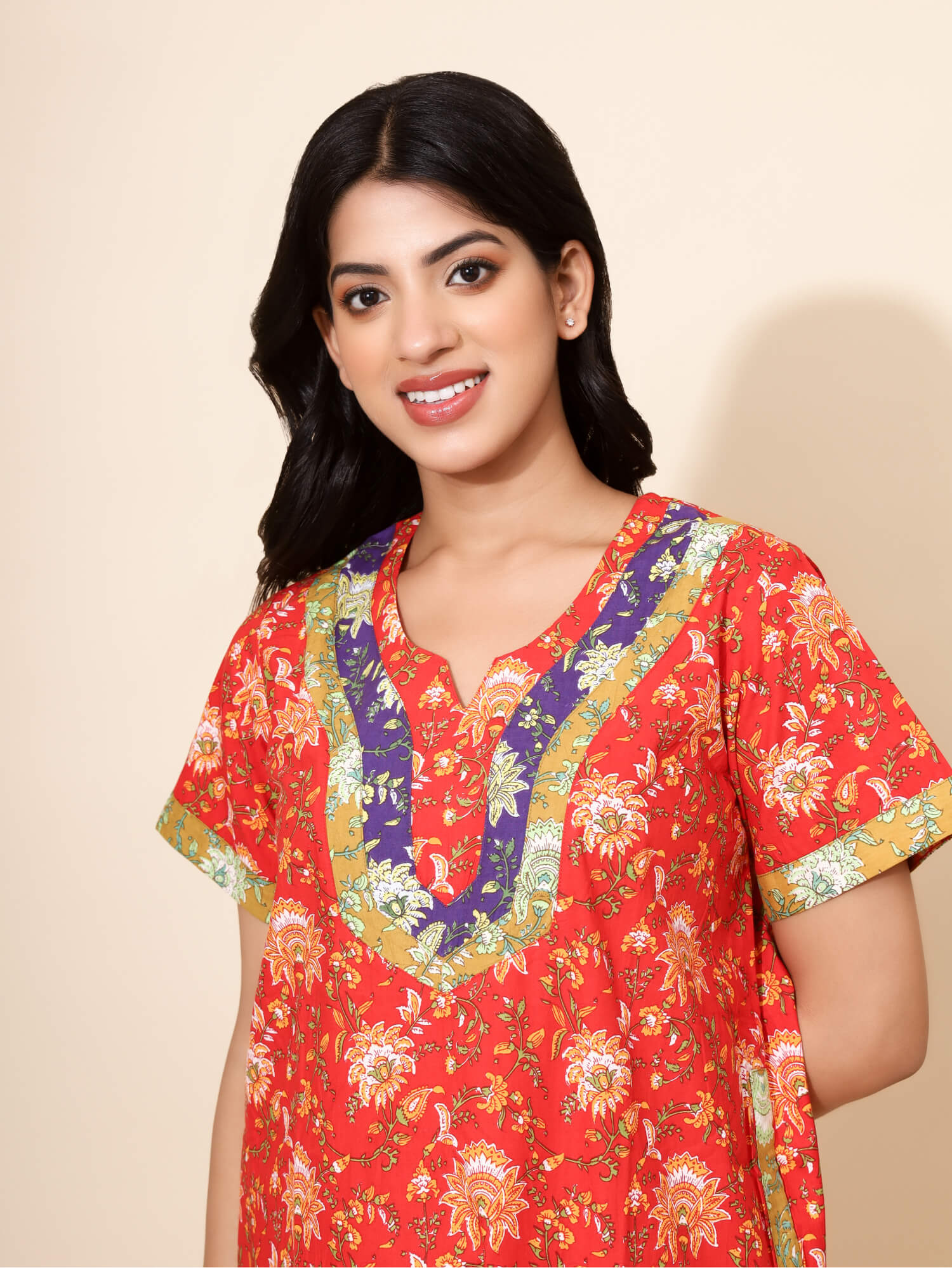 Yellow Bloom Poppy Meadow for Women | Red Maxi Dress | Flower Print with Patchwork | All-day Dress | Versatile Home/Hostel Wear | Ankle Length | Stylish Nighty | Front Placket | Pure Cotton