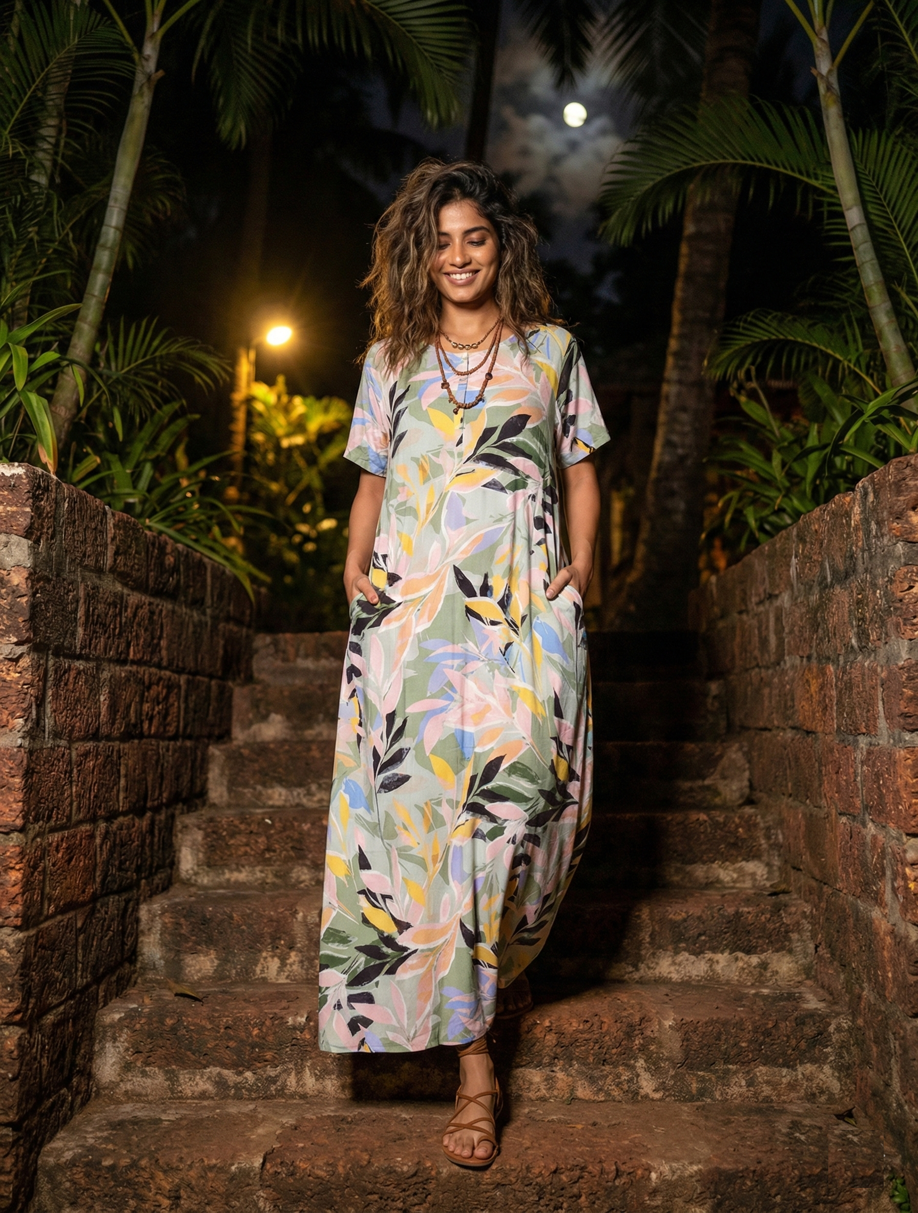Whimsical Pastel Harmony Cotton Kaftan for Women - Yellow Bloom Whimsical Pastel Harmony Cotton Kaftan for Women - Yellow Bloom