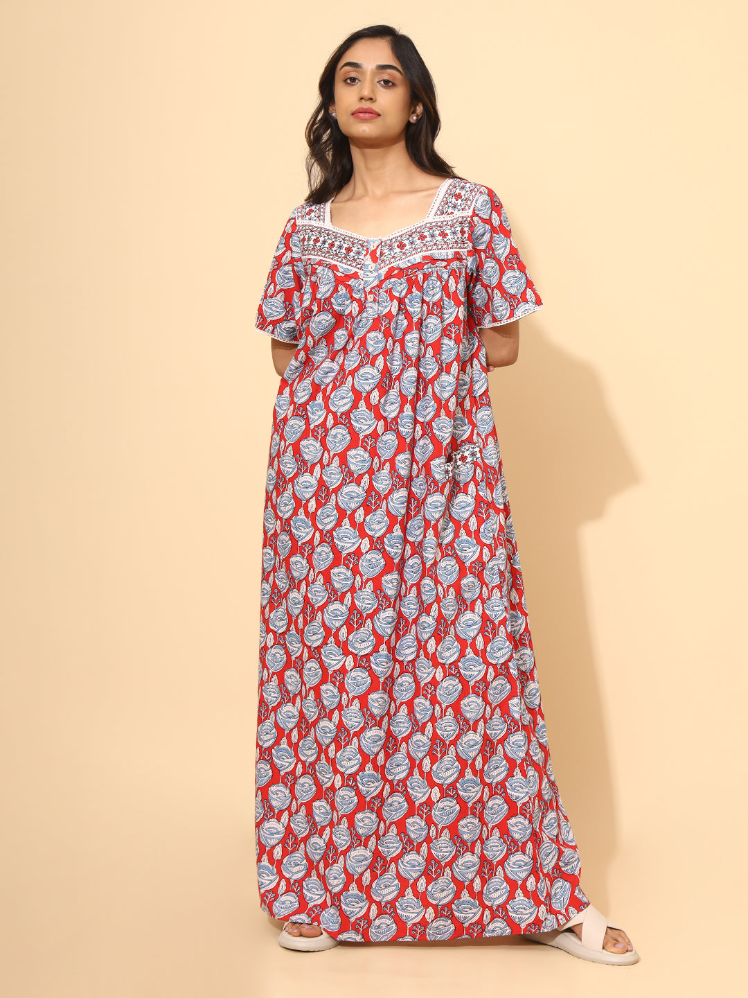 Yellow Bloom Chrimson Rose Nighties for Women | Red and White Maxi Dress | Abstract Print | Comfortable Daily Wear | Casual Wear | Ankle Length | Stylish Nighty | Contrast Neck | Pure Cotton
