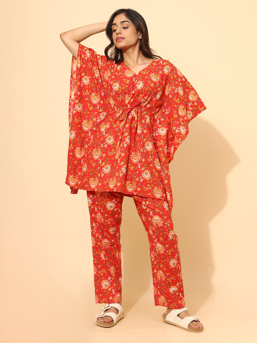 Yellow Bloom Scarlet Bloom Co ord Pant Set for Women | Pyjama and Top | Red with Flower Print| Work from Home Wear | Night Wear | ravel Wear | Hostels/PGs Wear | Lounge Dress| Pure Cotton
