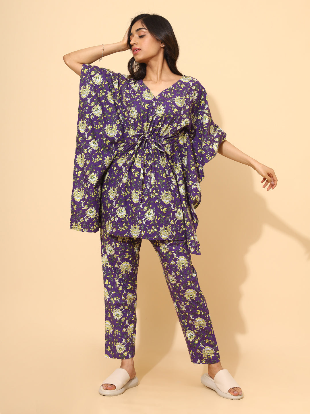 Yellow Bloom Blue Blossom Co ord Pant Set for Women | Pyjama and Top | Blue with Flower Print| Work from Home Wear | Night Wear | Elegant Style | Hostels/PGs Wear | Lounge Dress| Pure Cotton
