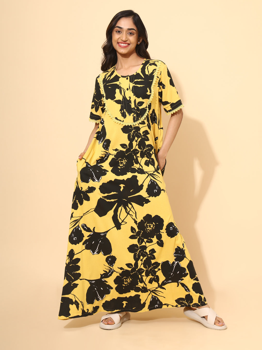 Yellow Bloom Sunburst Floral Nighties for Women | Yellow and Black Maxi Dress | Flower Print | Lounge Wear | Casual Wear | Ankle Length | Stylish Nighty | Viscose | Rayon
