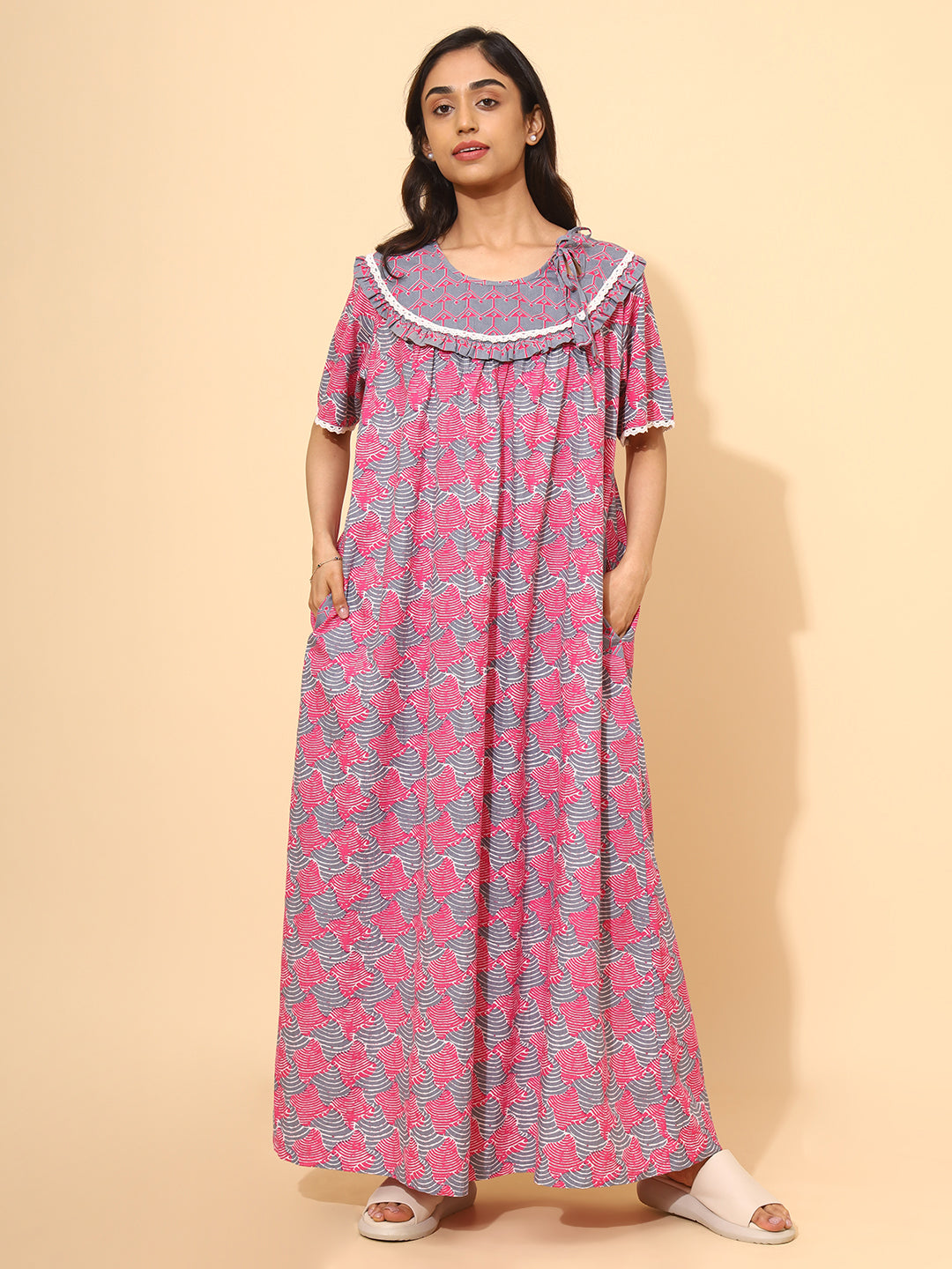 Yellow Bloom Refine Abstract Nighties for Women | Pink and Grey Maxi Dress | Abstract Print | Comfortable Daily Wear | Casual Wear | Ankle Length | Side Pockets | Front Placket | Pure Cotton
